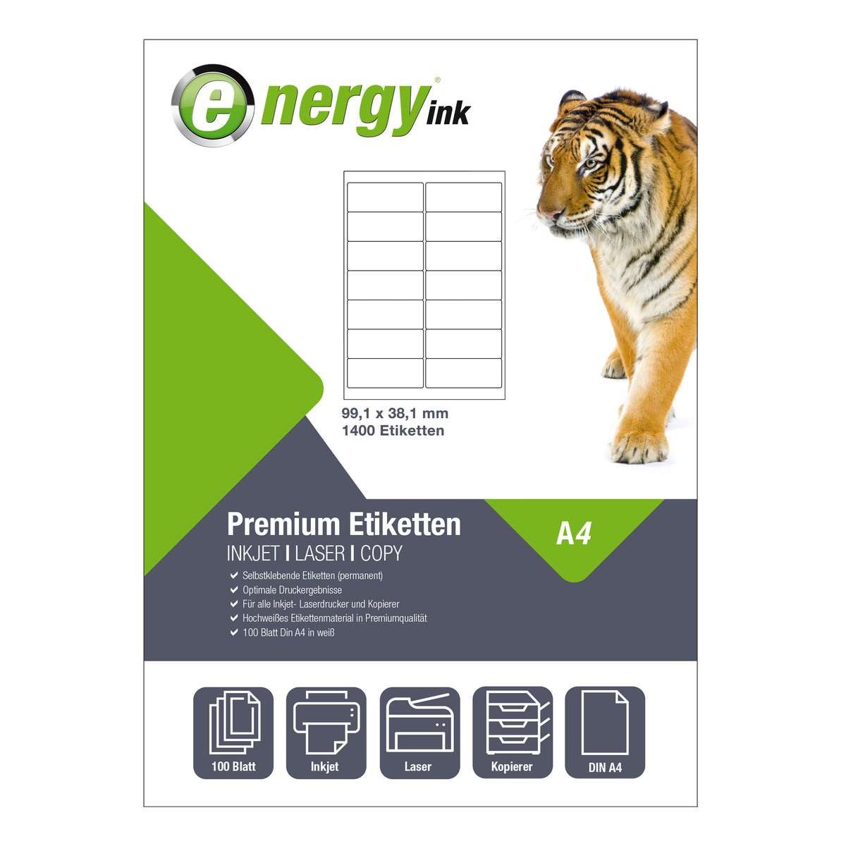 Energy-ink Etikettenpapier energy ink ET99,1x38,1, Etiketten 99,1 x 38,1 mm 100 Blatt = 1400 Etiketten