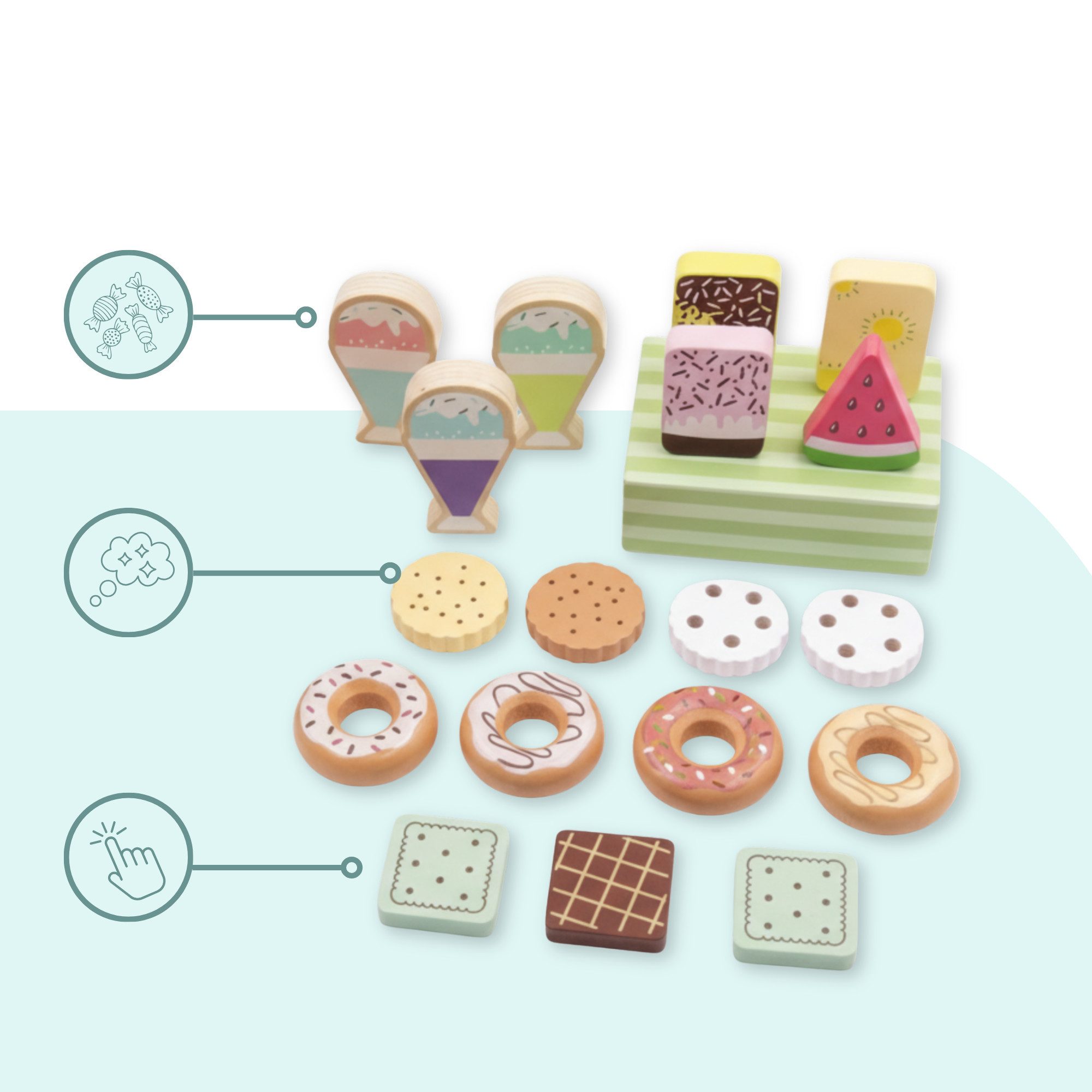 Mamabrum Spielküche Mamabrum Holz Spielset Konditorei 19 Teile Kinder wood, Complete Pastry Shop Set