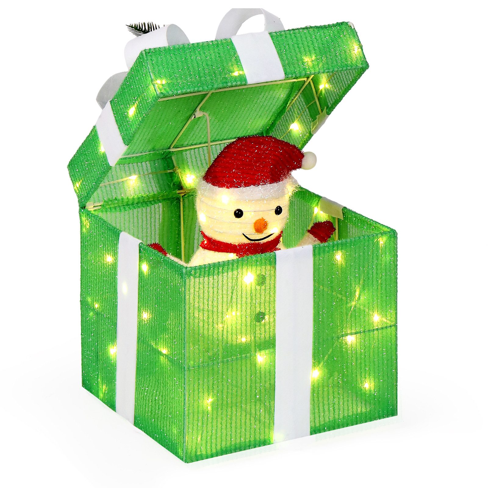 VINGLI LED Dekolicht 30cm LED Geschenkbox, Elektrisch Öffnend, 60 Warmweiße LEDs, Leucht Box mit Schneemann, Lametta-Stoff, Wetterfest, Grün