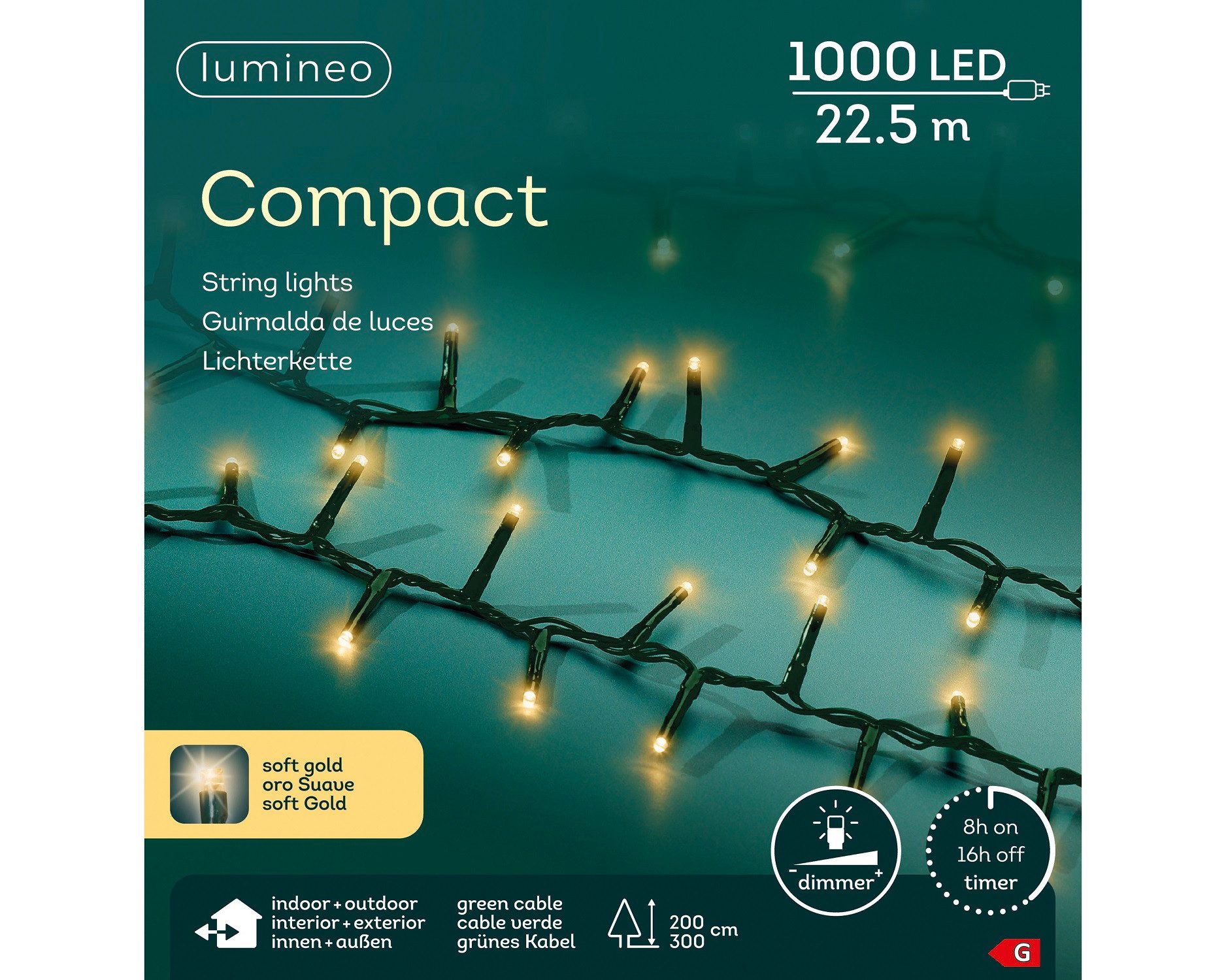 Lumineo LED-Lichterkette Lumineo Lichterkette COMPACT 1000 LED 22,5 m, Soft Gold, grünes Kabel, Indoor/Outdoor, dimmbar, 8h-Timer, 5 m Zuleitung