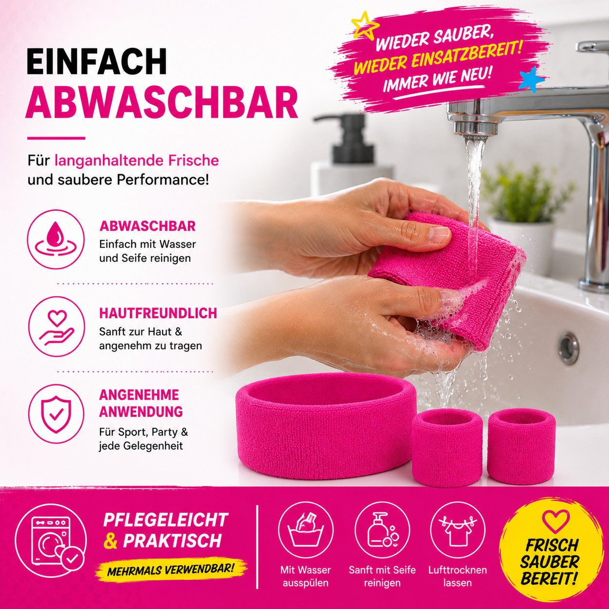 FASCHINFEVER Kostüm Schweißband Set - 3 in1- pink Set mit Stirnband - als Accessoire