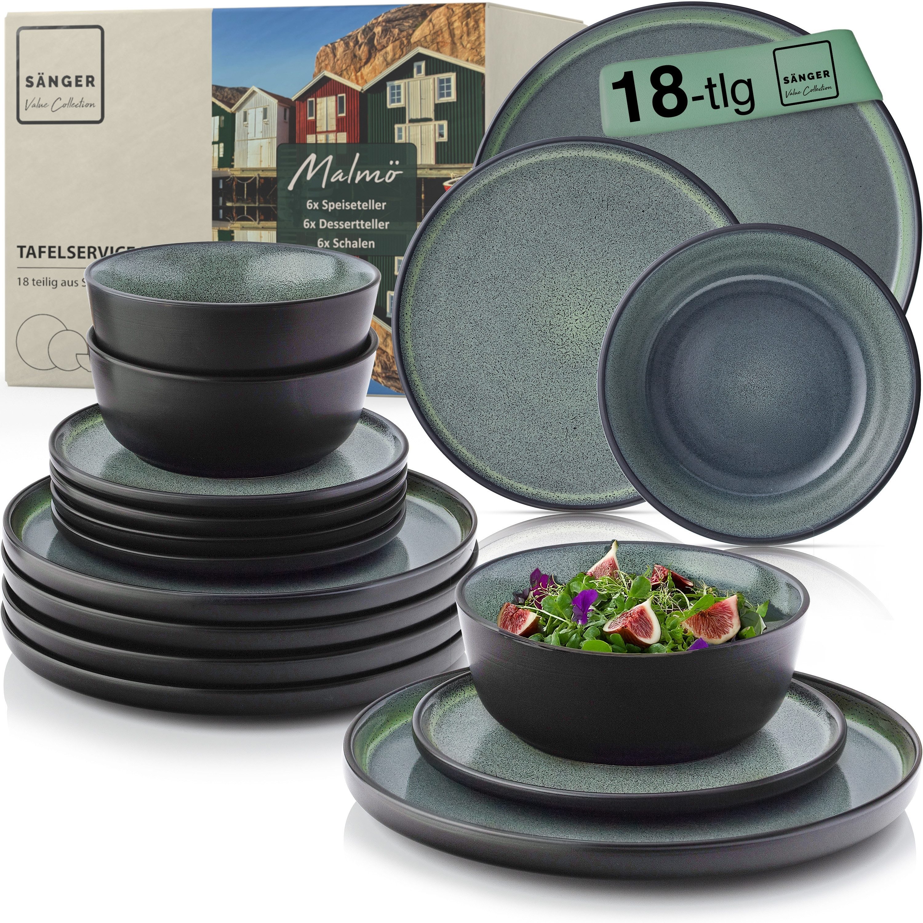 SÄNGER Tafelservice Malmö Geschirrset (18-tlg), 6 Personen, Steingut, Grün-Schwarz, Handmade, Erweiterbar, VALUE COLLECTION