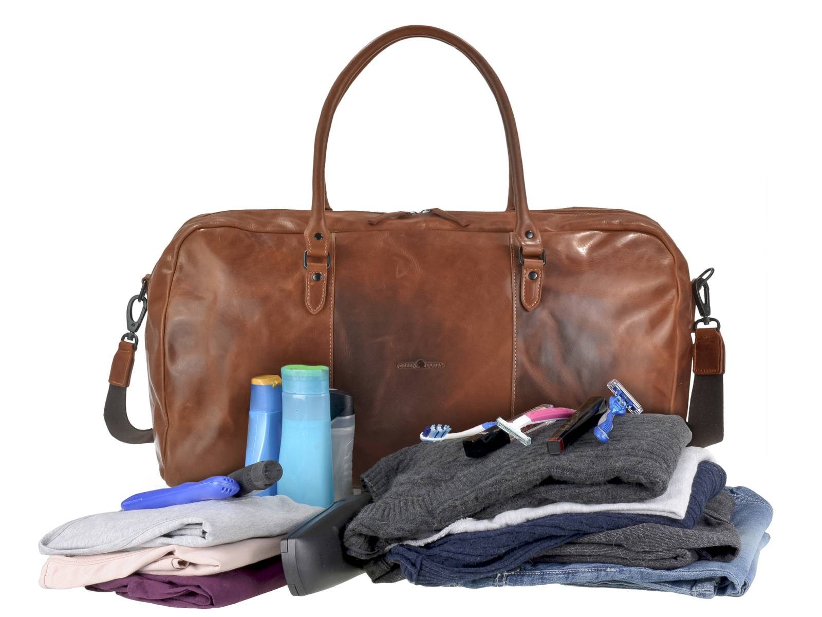 Greenburry Reisetasche "Newport" Leder Reisetasche, Weekender 55x26x26cm, Sporttasche, Leder