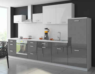 Küchen-Preisbombe Küchenzeile Color 340 cm Küche Küchenblock Einbauküche in Hochglanz Grau / Weiss