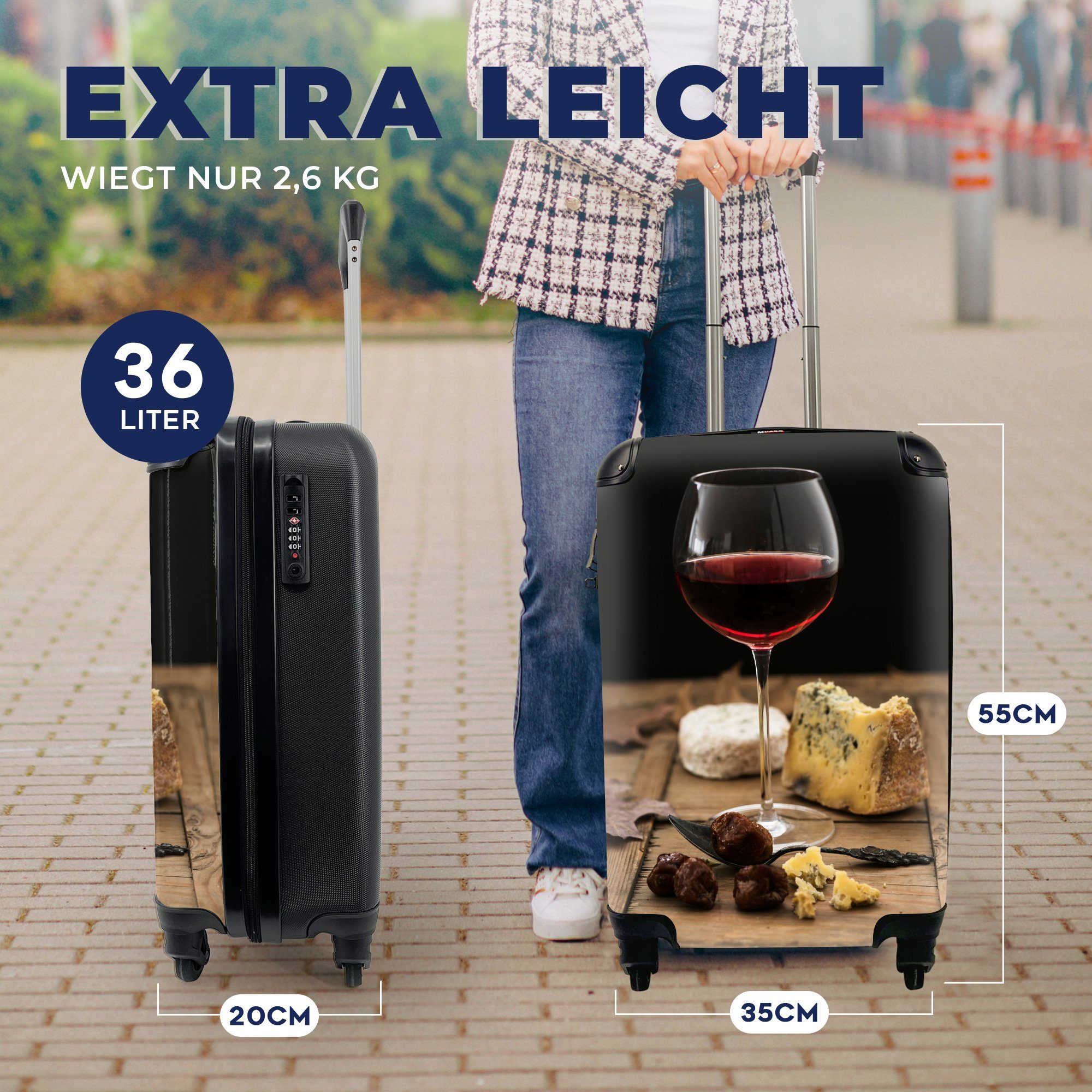 Reisekoffer rollen, Reisetasche auf MuchoWow Holzbrett, mit für Rollen, mit 4 Rotwein Handgepäck Käse Trolley, einem Ferien, Handgepäckkoffer
