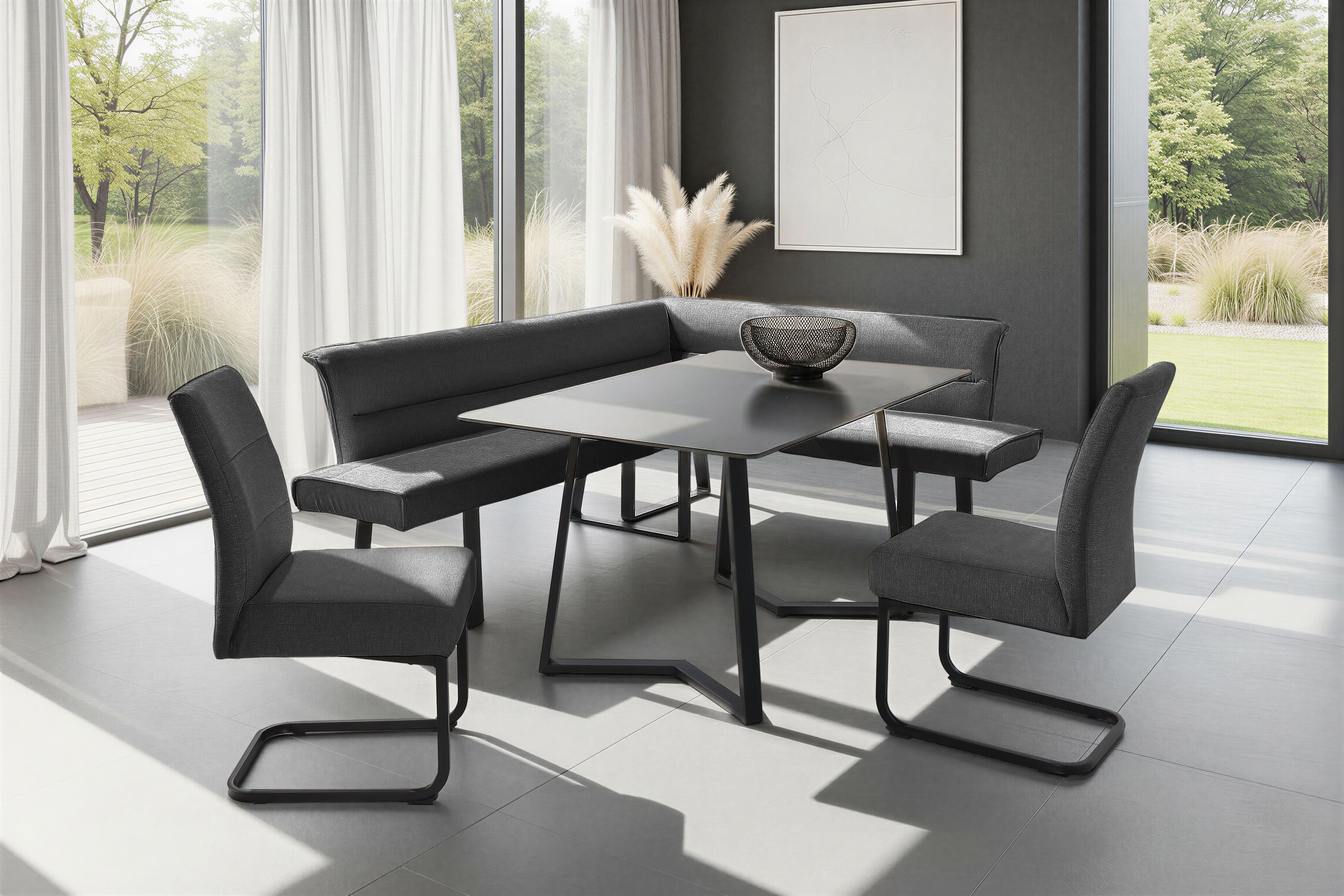 OTTO home Eckbankgruppe (Set, 4-tlg. Tisch, Bank und 2 Stühle), Taschenfederkern, Tisch (140x90cm) schwarz, Bank und Stühle anthrazit oder beige