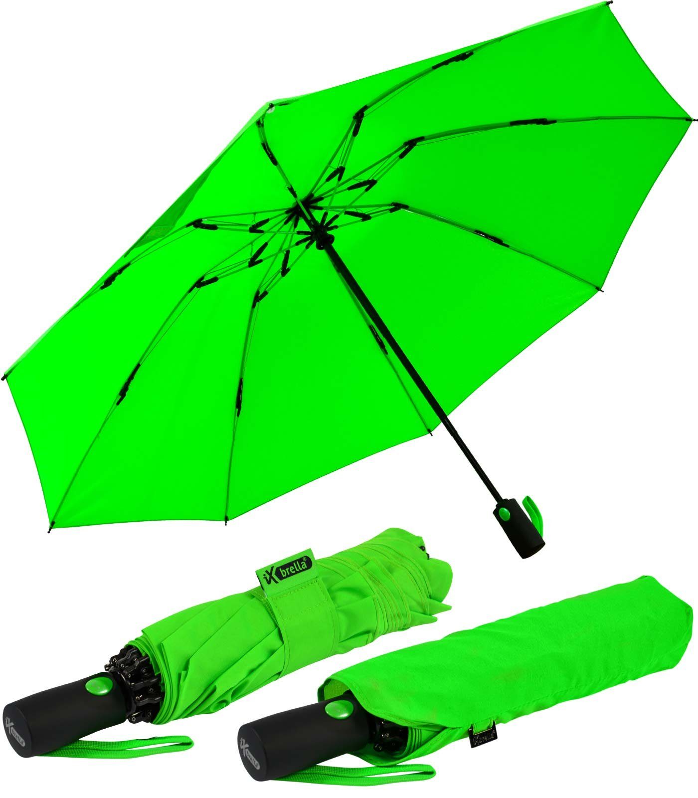 iX-brella Taschenregenschirm Reverse umgekehrt öffnender Fiberglas-Automatiksch, mit bunten stabilen Speichen neon-grün