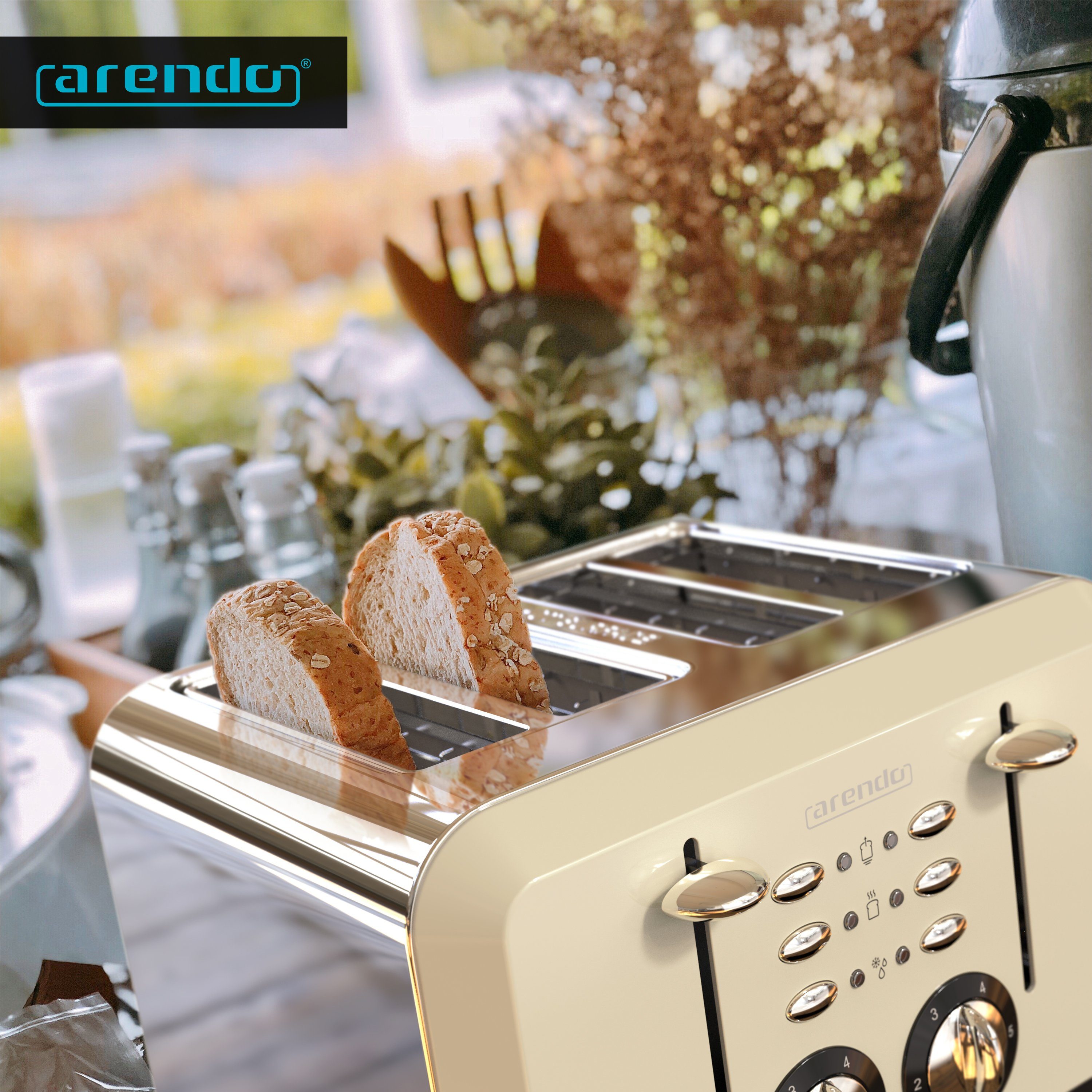 Arendo Toaster, 4 kurze beige Automatik, W, Doppelwandgehäuse 4 Edelstahl, 1630 Schlitze, Scheiben, für Wärmeisolierendes