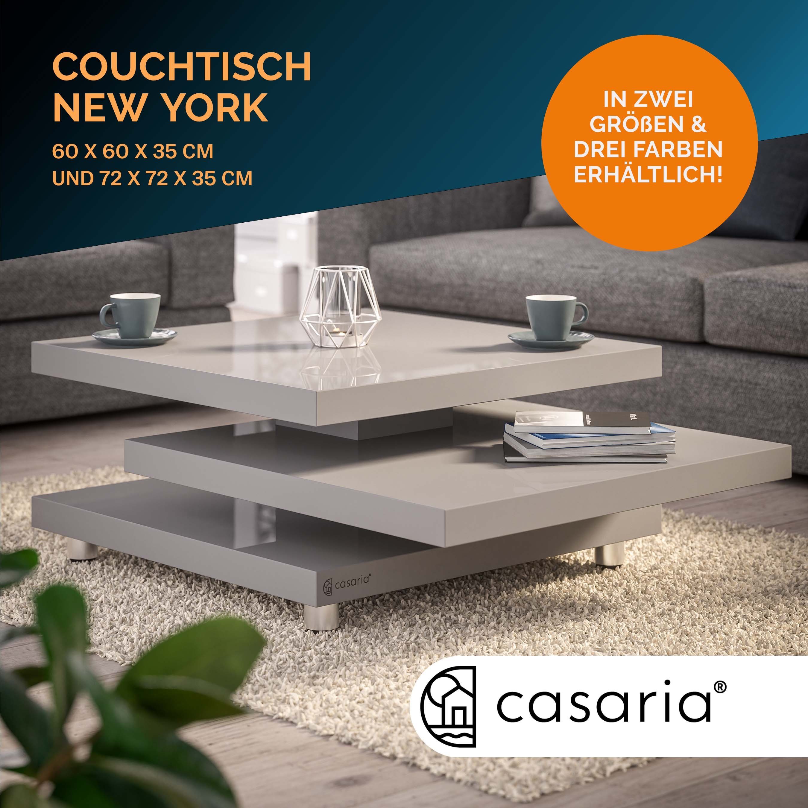 New 360° Grau Casaria York, Hochglanz 72x72cm Couchtisch Modern Höhenverstellbare Drehbar Füße