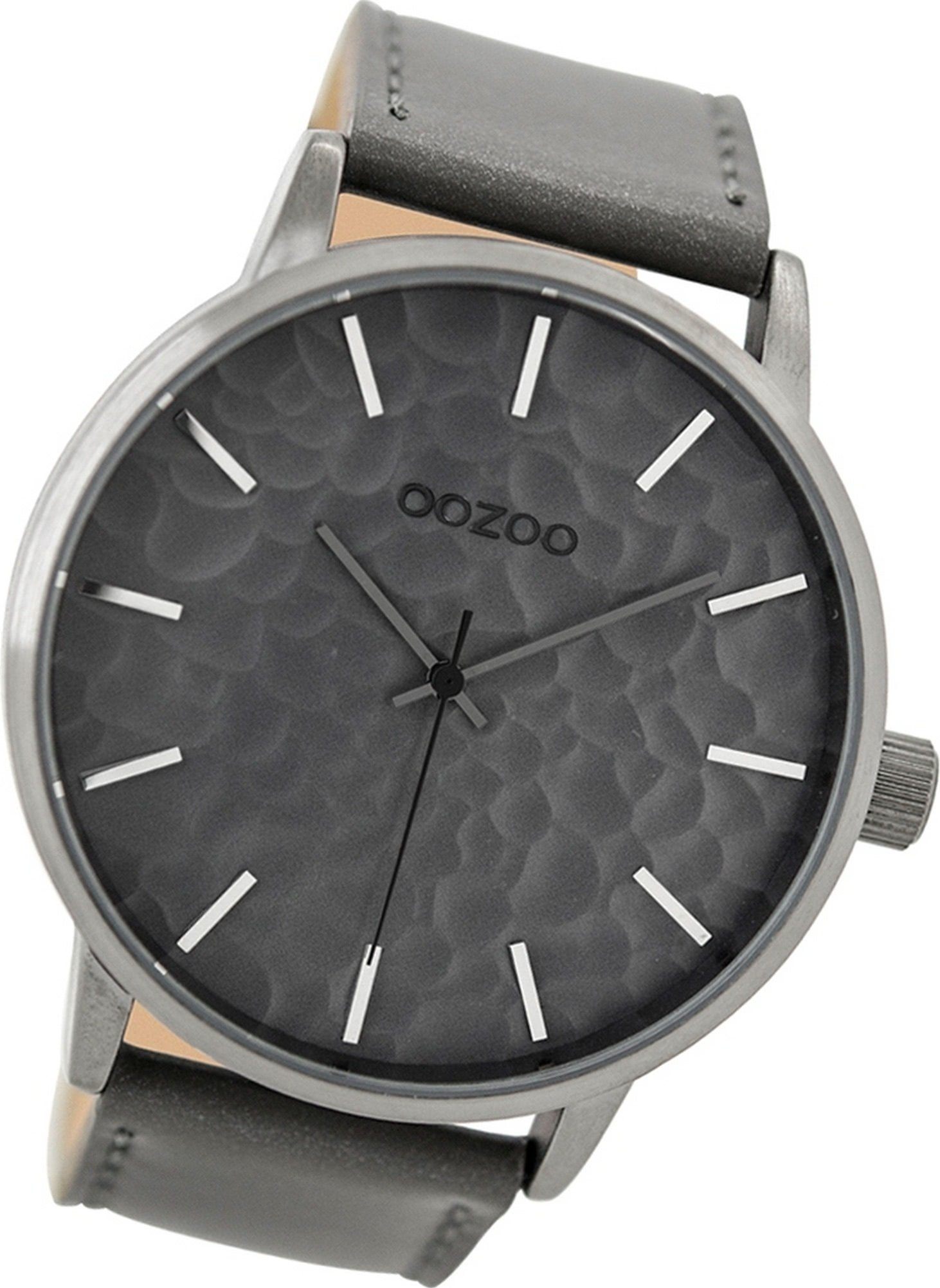OOZOO Quarzuhr Oozoo Leder Herren Uhr C9440 Analog, Herrenuhr Lederarmband grau, rundes Gehäuse, extra groß (ca. 48mm)