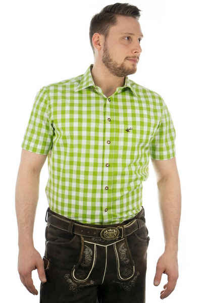 OS-Trachten Trachtenhemd Iluvu Kurzarmhemd mit aufgesetzter Brusttasche mit Hirsch-Stickerei