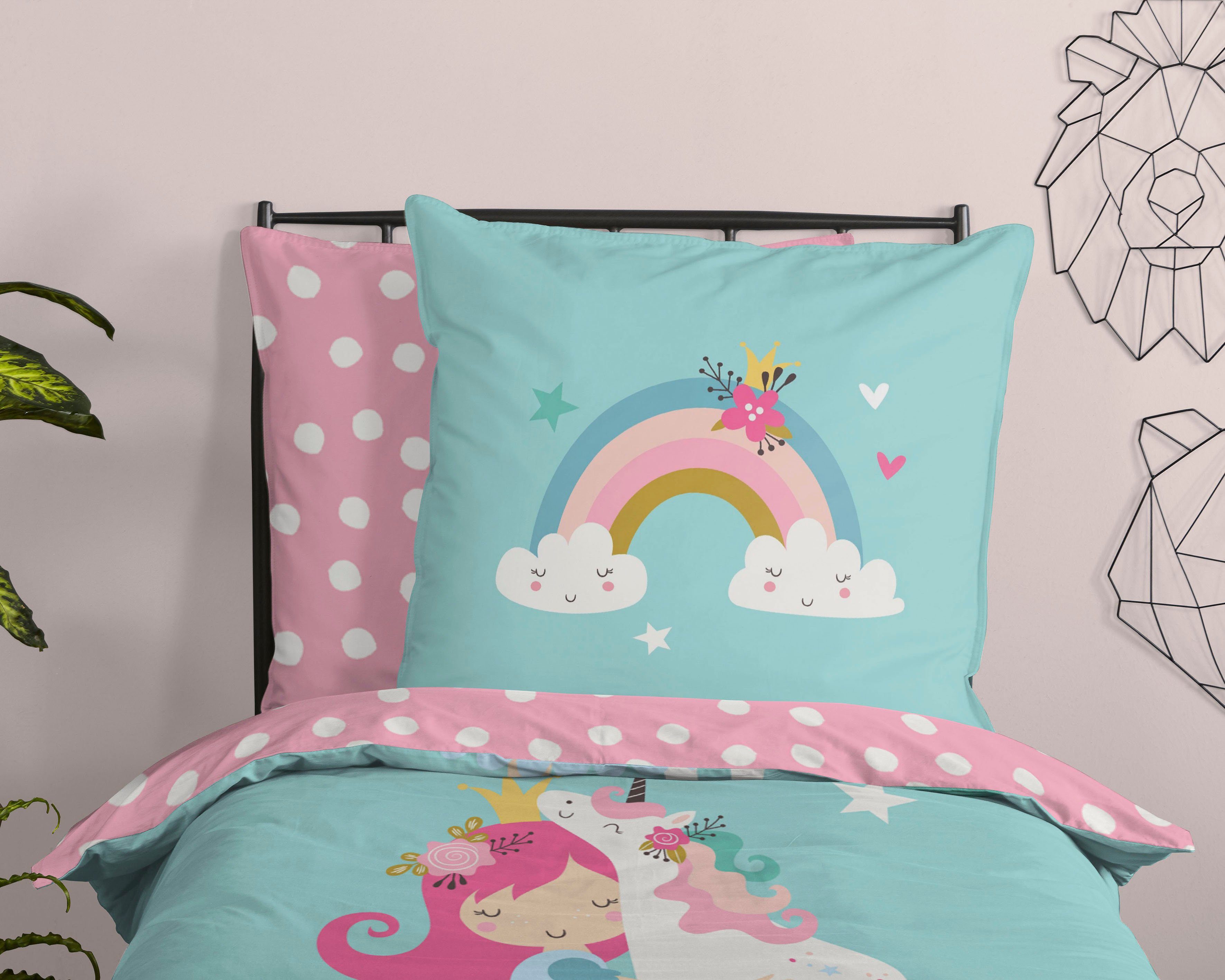 good morning Kinderbettwäsche Heaven, Renforcé, 2 teilig, Baumwolle, 135x200, Reißverschluss, Wendeoptik, Kind, Mädchen, Einhorn