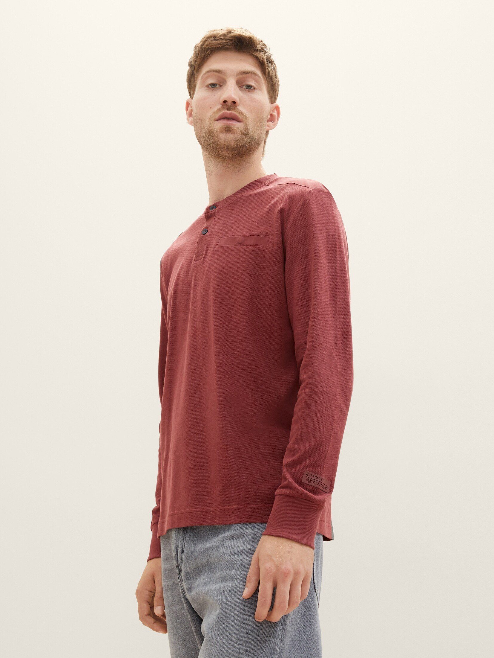 TOM TAILOR T-Shirt Langarmshirt red mit Struktur bordeaux Piqué burned