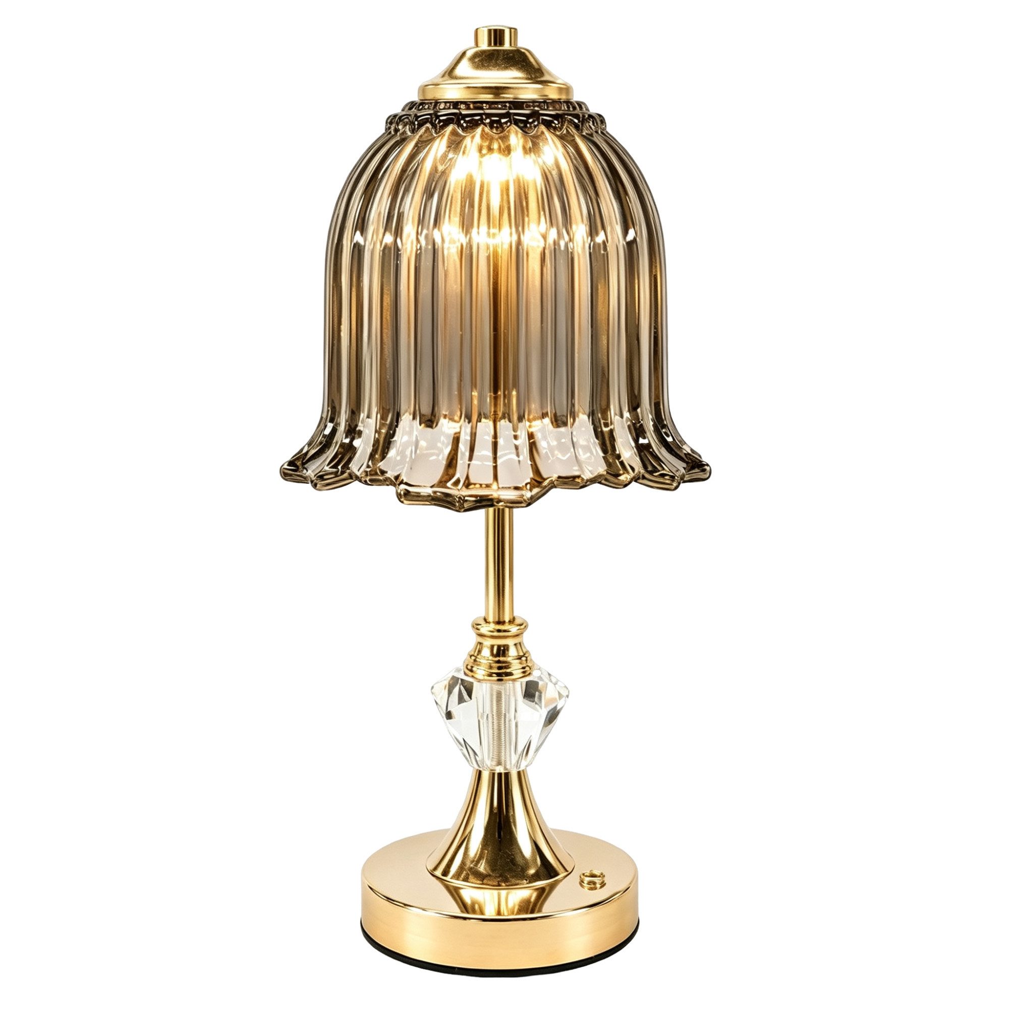 Fyrove LED Nachttischlampe LED-Tischleuchte mit Glasschirm, USB-C aufladbar, 3 Lichtfarben, Touch-Sensor, 20 LEDs, Retro-Blütendesign, Gold