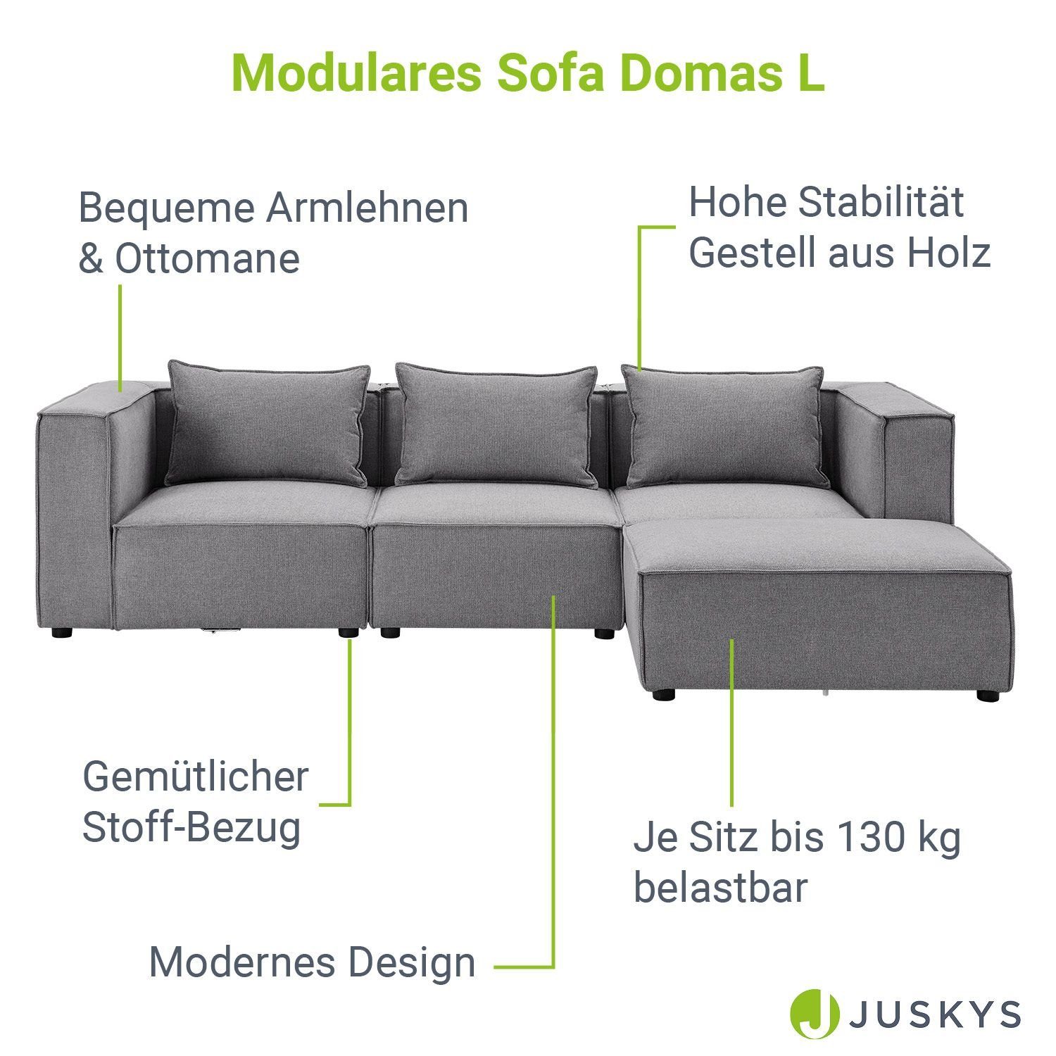 Juskys Ecksofa Domas, 4 Kissen mit mane L, & 3 Wohnzimmer, Teile, modulare für Sitzer Couch