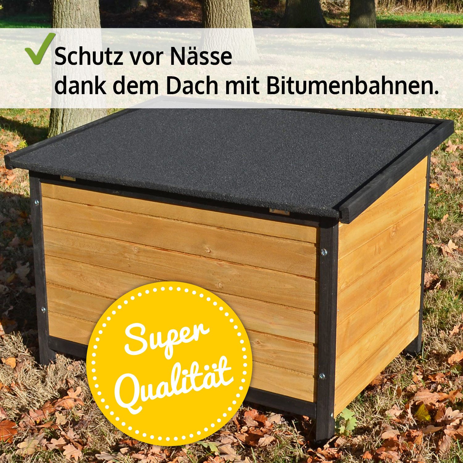 Zooprinz Hundehütte Carlo auf Holzfüßen mit Kunststoffkappen, Bitumen Klappdach, wetterfestes Kiefernholz, für kleine Hunde