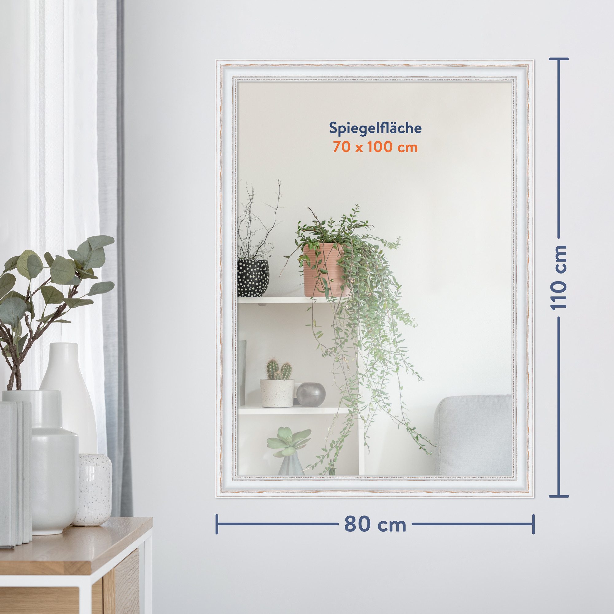 WANDStyle Wandspiegel H550, Vintage Spiegel Weiß 80x110 cm, großer Wandspiegel Weiß 80x110 Holz