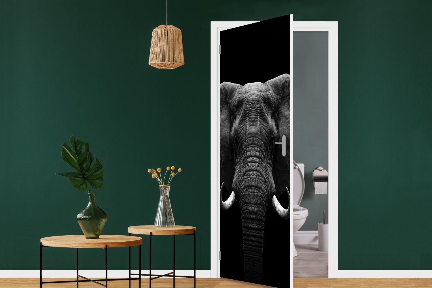 (1 Matt, Weiß, St), für Elefant MuchoWow Tiere - Türtapete bedruckt, - 75x205 - Tür, - Porträt Türaufkleber, cm Schwarz Fototapete
