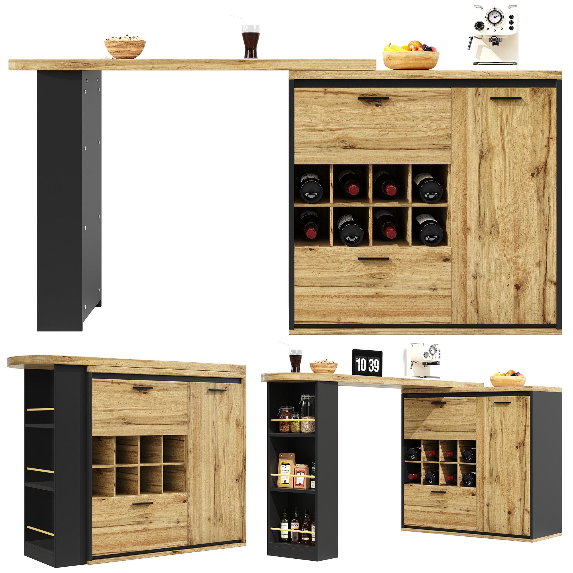 Ulife Bartisch Ausziehbarer Esstisch, Küchentisch, 138-220 x 39 x 105 cm (1-St), Tischplatte mit Holzmaserung, geeignet für Küche und Wohnzimmer