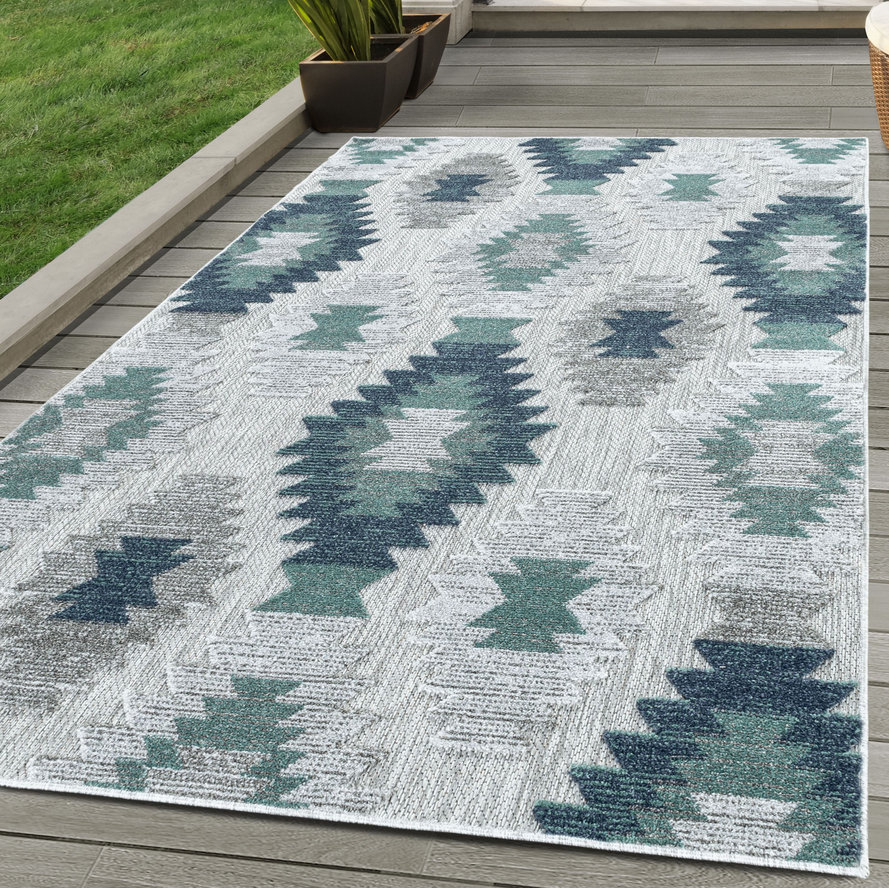 Outdoorteppich Berber-Design, SIMPEX24, Läufer, Höhe: 10 mm, Outdoor Teppich Blau 3D Boho Design für Küchen Balkon Terrasse Garten