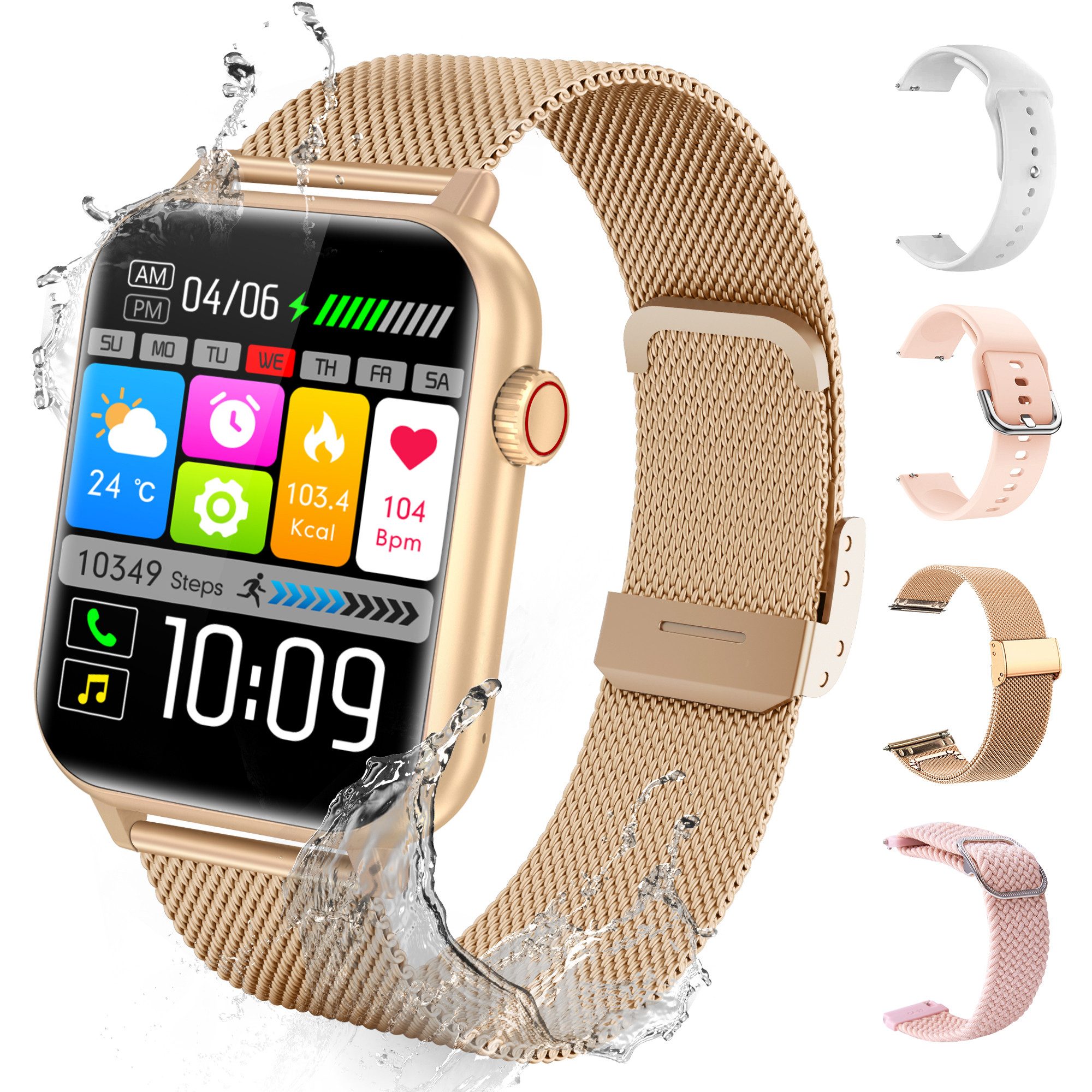 walkbee Smartwatch Damen Herren, Fitness Tracker Uhr mit Anruffunktion Smartwatch (5 cm/1.96 Zoll Full-Touch Zoll) 4 Austauschbare Armbänder,Frauengesundheit,Fitness Tracker mit Schrittzähler, Always-on-Screen-Funktion, IP67 Wasserdicht Fitness Uhr, Blutsauerstoffmessung,Sportuhren mit Herzfrequenzmessung