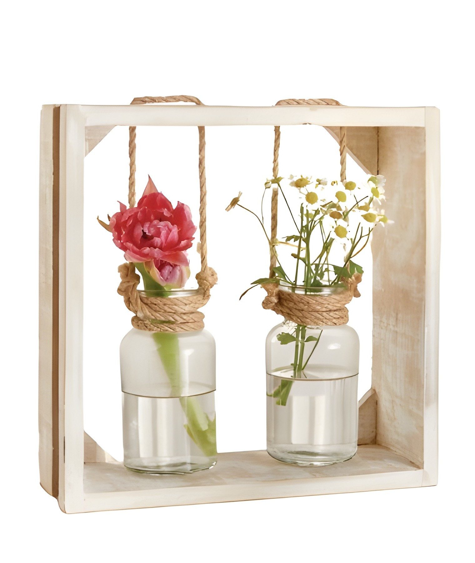 Dekovase Holzrahmen "Väschen" mit 2 Glasvasen, Vasenhalter aus Holz mit Vase