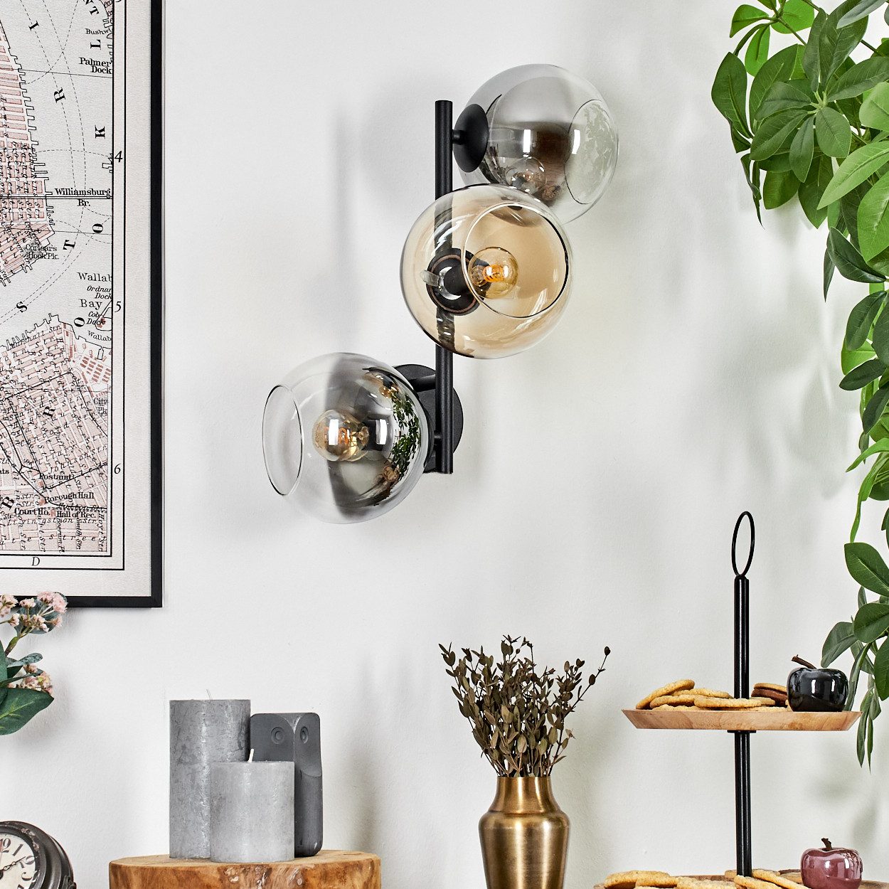hofstein Wandleuchte Wandlampe aus Metall/Glas in Schwarz/Bernstein-/Rauchfarben/Klar, ohne Leuchtmittel, moderne Wandleuchte im Retro/Vintage-Design (Schirme 15 cm), E14