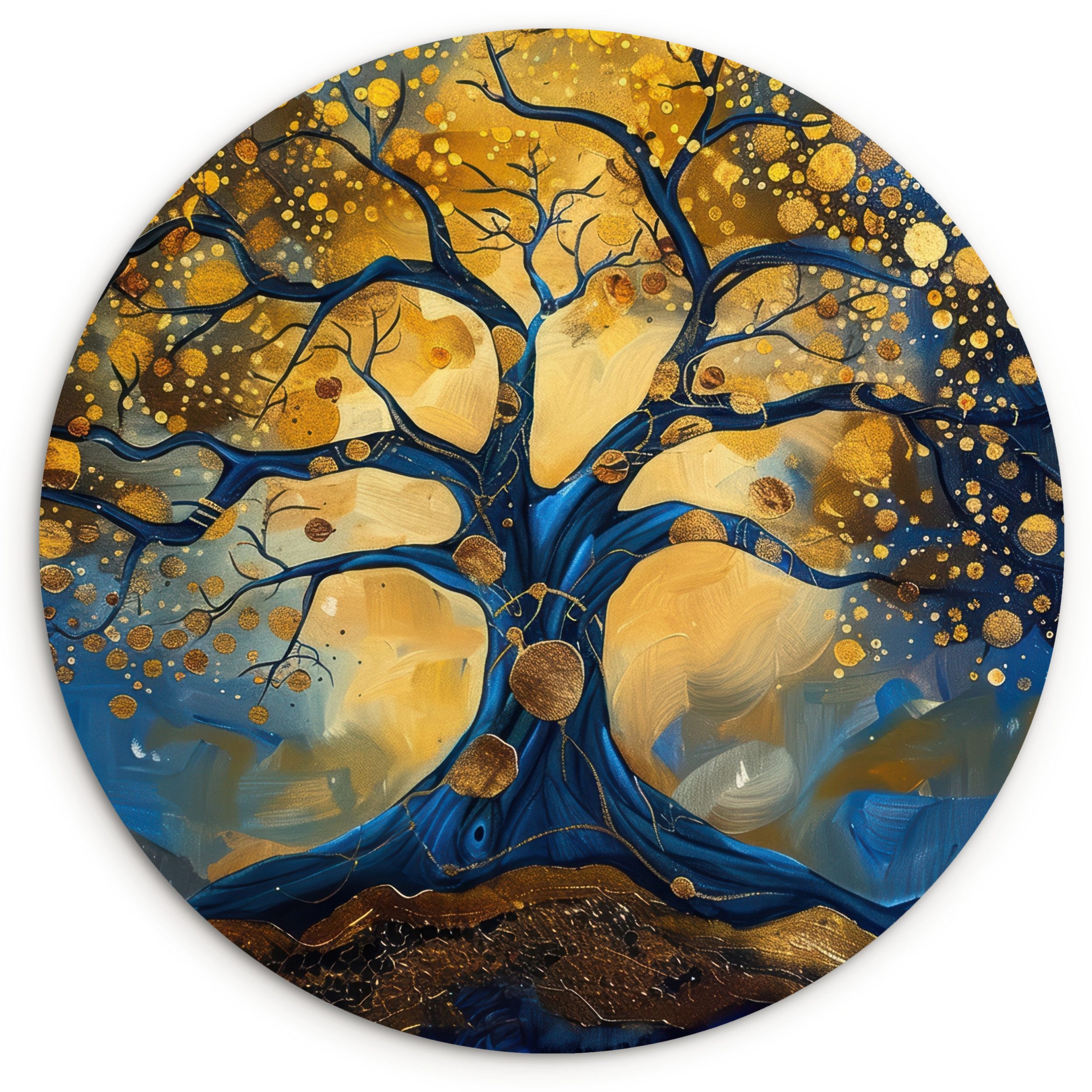 MuchoWow Gemälde Baum - Baum des Lebens - Blau - Gold, Fotodruck (1 St), Kreis Wanddekoration, Rundes Wandbild, 30x30 cm