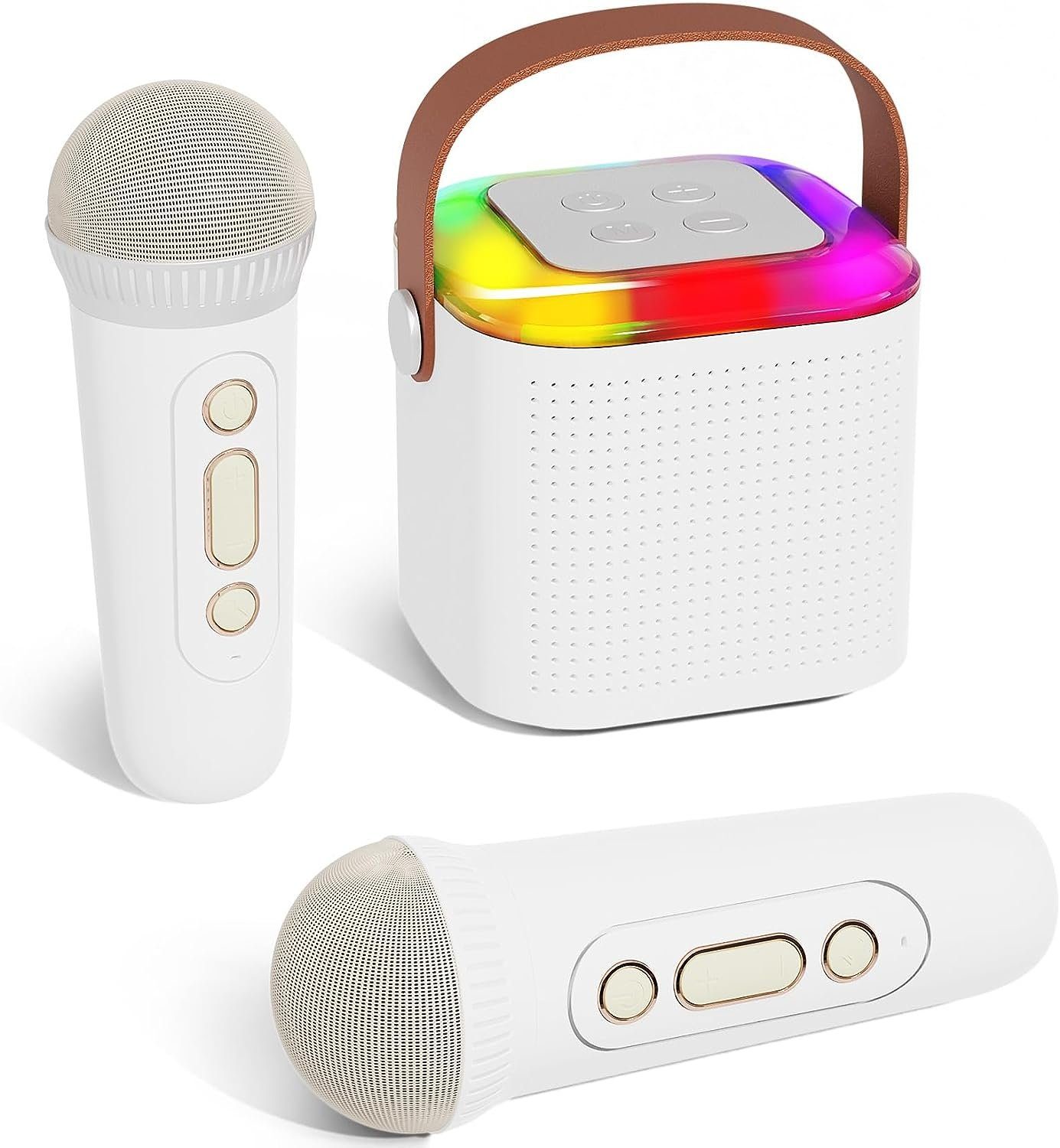 AKKEE Mikrofon Karaoke Maschine für Kinder, Tragbarer Bluetooth Karaoke Lautsprecher (mit 2 kabellosen Mikrofonen und LED-Lichtern, 1-tlg), für Heimparty, Geburtstags Geschenke für Mädchen und Jungen