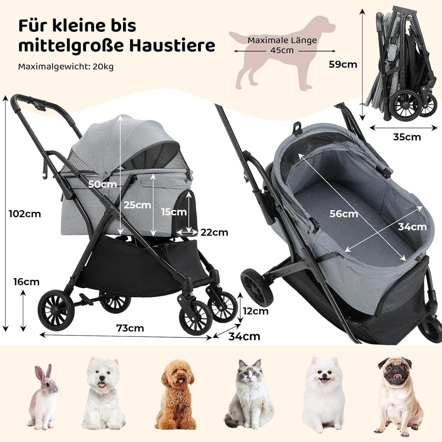 TLGREEN Hundebuggy One-Touch Faltbarer bis 20 kg, (mit 360° Rädern & Belüftungsfenstern), leichter Katzenwagen für kleine Hunde und Katzen
