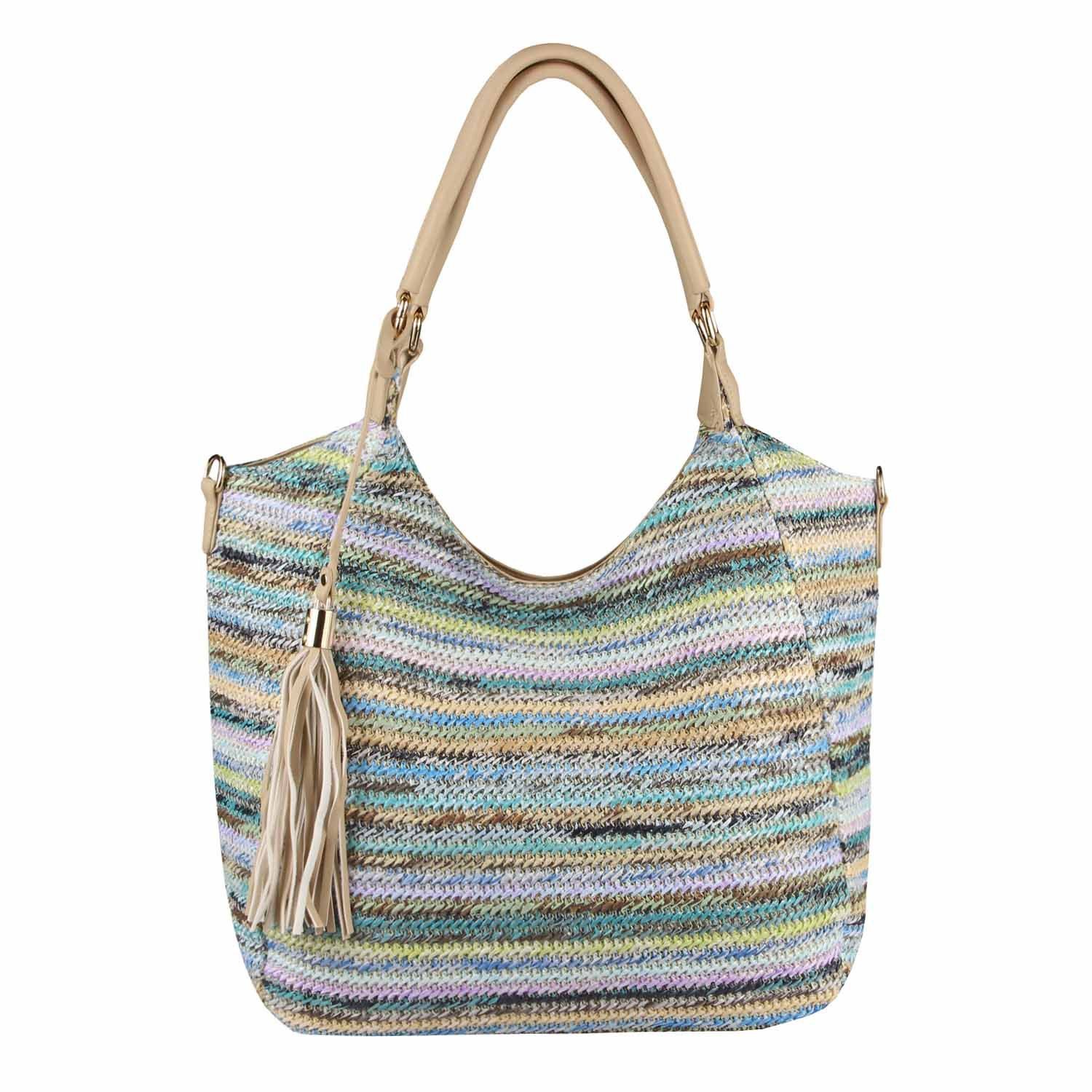ITALYSHOP24 Schultertasche DAMEN TASCHE Strohtasche Shopper Tote Geflecht Häkeltasche Weekender, Boho Beuteltasche Leder Optik Sommer Basttasche Hobo Strand Urlaub