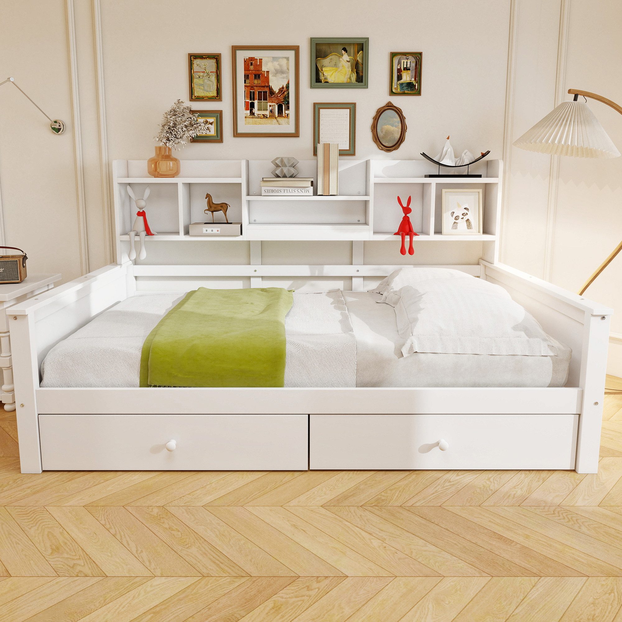 REDOM Schlafsofa mit Schubladen, Regalen und Lattenrost, Funktionsbett Holzbett 90x200 cm, ohne Matratze