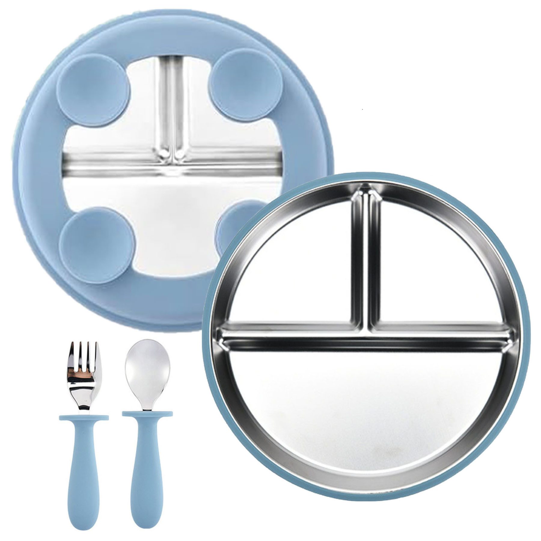 Mutig Kindergeschirr-Set 3 Stück Edelstahl Baby Teller mit Silikon Saugnapf mit Löffeln&Gabeln, 1 Personen, Spülmaschinenfest & BPA Frei mit Unterteilung,Für Kinder geeignet