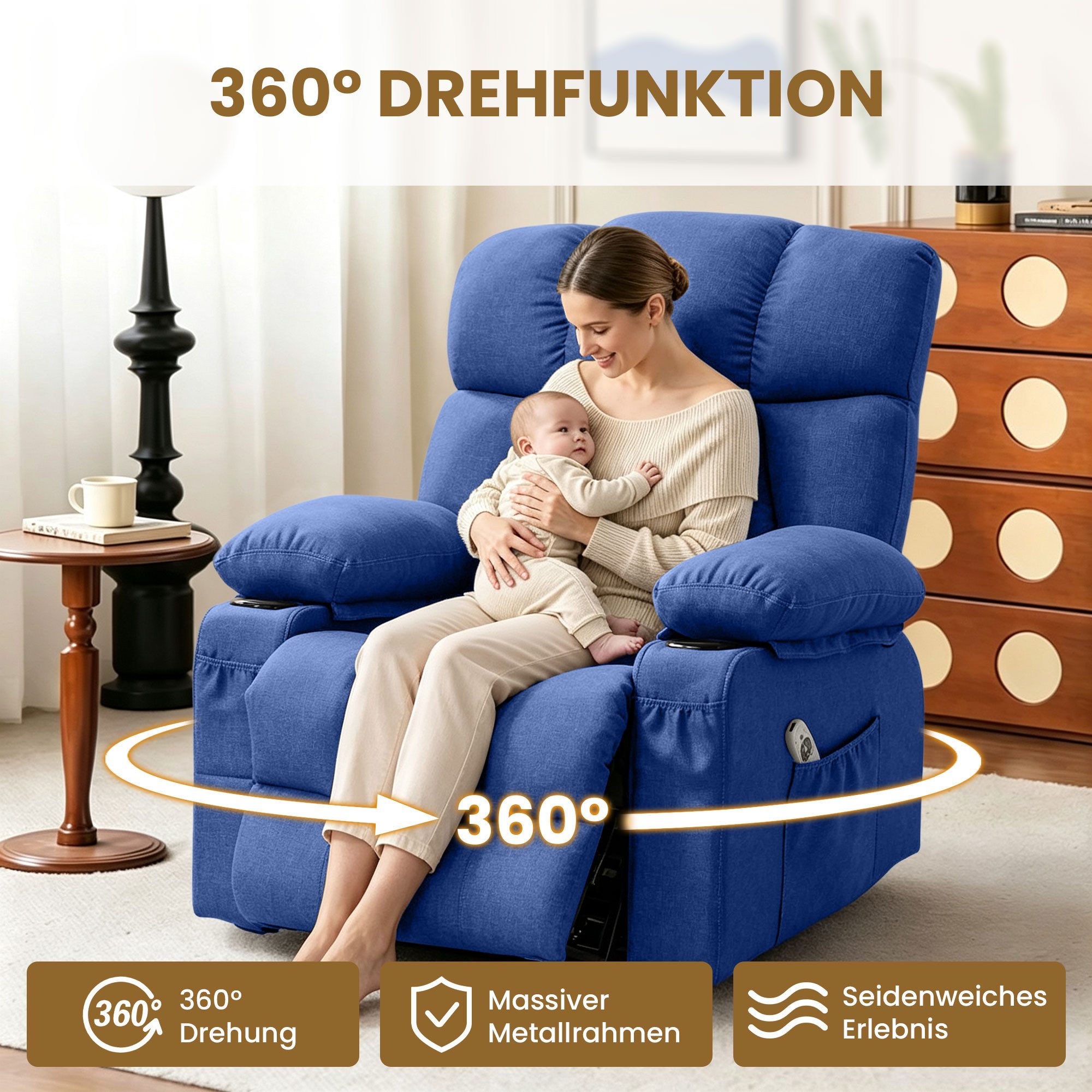bosmiller Massagesessel Relaxsessel Elektrisch Fernsehsessel mit Liegefunktion (1-St), Oversize Massagesessel mit Wärmefunktion, blau – Bild 5 von 5