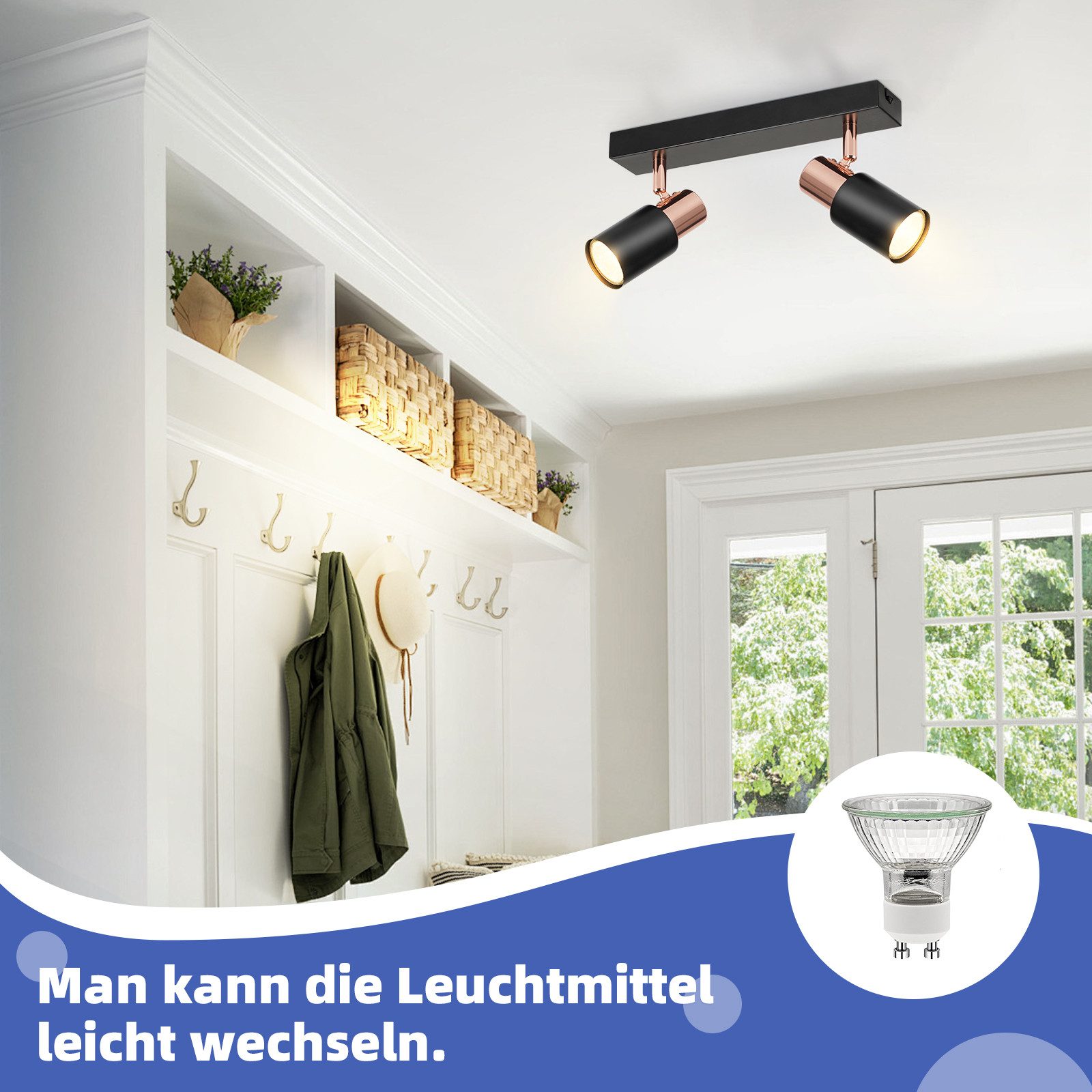 ZMH Deckenstrahler Schwarz-Rosagold 355° Drehbar Wandstrahler Industrial für Wohnzimmer, Flexible Beleuchtungsmöglichkeiten, ohne Leuchtmittel