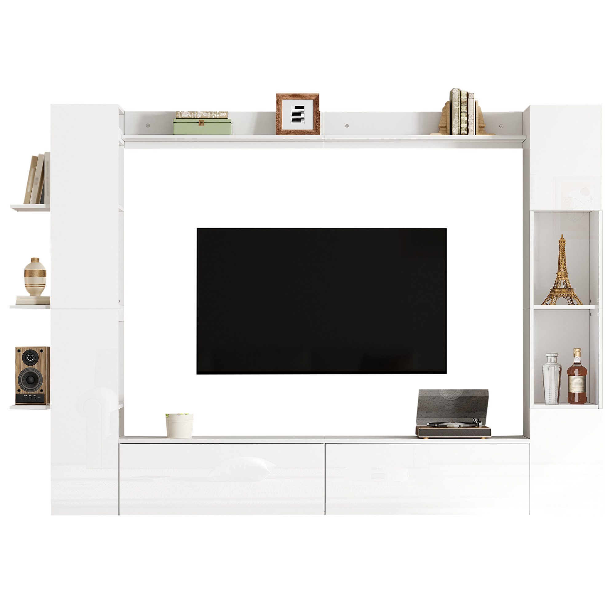 KLAM HOME Wohnwand 4-tlg. Kompaktwohnwand Weiß Hochglanz mit viel Stauraum für Wohnzimmer, (Wohnwand Set mit TV-Schrank, Vitrine & Aufbewahrungsschrank 228x170cm), Flexibles Wandmöbel mit wechselbarem Türanschlag & Acryl-Vitrine