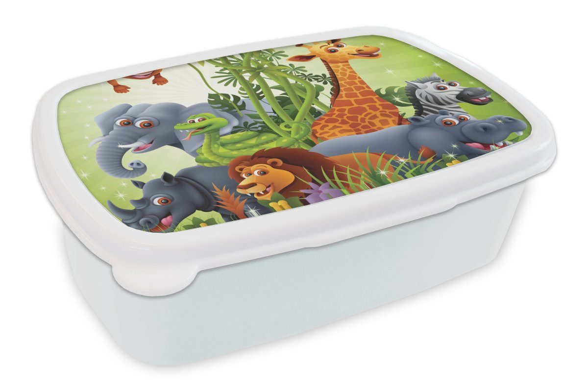 MuchoWow Lunchbox Dschungeltiere - Pflanzen - Kinder - Elefant - Giraffe - Löwe, Kunststoff, (2-tlg), Brotbox für Kinder und Erwachsene, Brotdose, für Jungs und Mädchen weiß