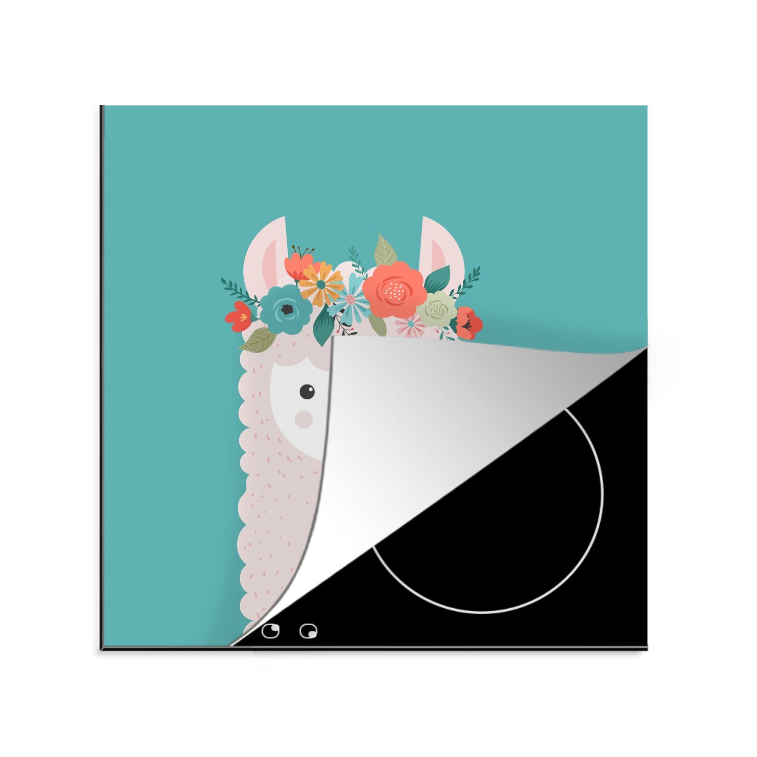 MuchoWow Herdblende-/Abdeckplatte Lama - Blumen - Kinder, Vinyl, (1 tlg), 78x78 cm, Ceranfeldabdeckung, Arbeitsplatte für küche