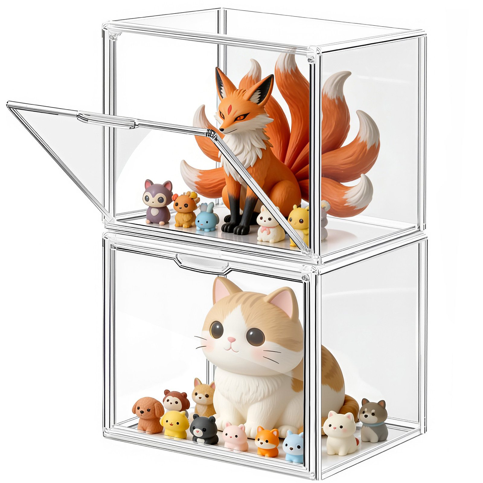 XERSEK Vitrine Transparent Displaybox mit Magnettür, Acryl Schaukasten Organizer (2 Set] 36×22×27cm Stapelfähig, Horizontal oder Vertical Platzierbar) Acryl-Vitrine für Figuren, Handtaschen, Spielzeug, Handwerk, Bücher