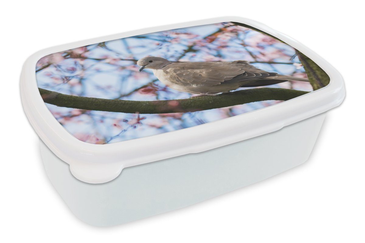 MuchoWow Lunchbox Vogel - Blumen - Taube - Blütenzweige - Rosa, Kunststoff, (2-tlg), Brotbox für Kinder und Erwachsene, Brotdose, für Jungs und Mädchen weiß