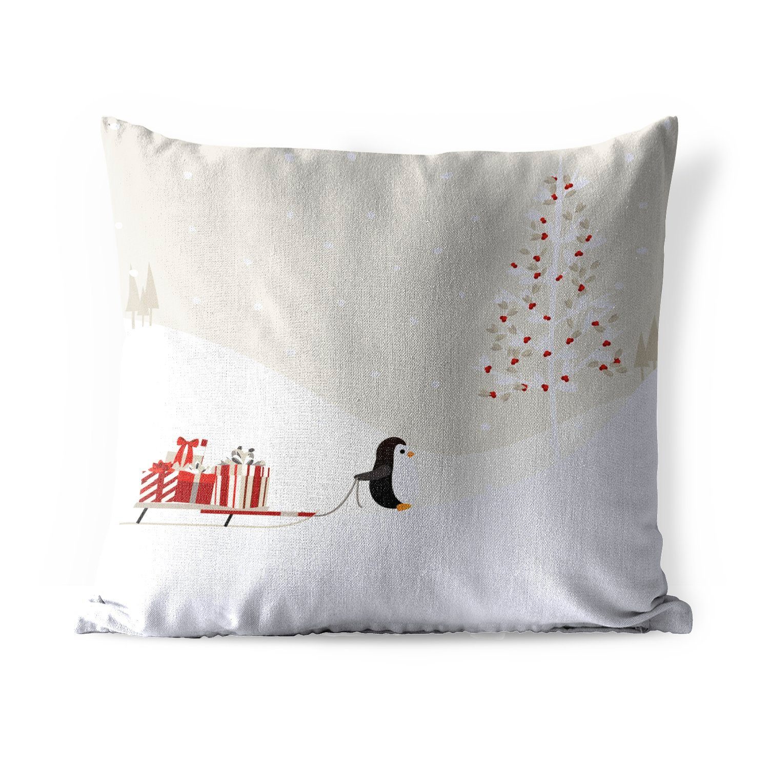 MuchoWow Dekokissen Illustration eines Pinguins, der einen Schlitten mit Geschenken zieht, Kissenbezüge, Kissenhülle, Dekokissen, Dekokissenbezug, Outdoor