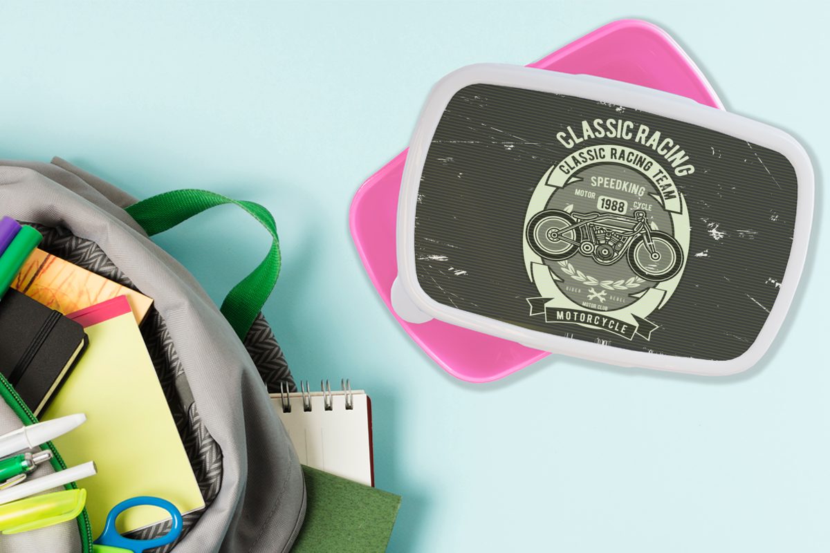 - MuchoWow Brotbox Lunchbox Erwachsene, Zeichnung, (2-tlg), - Brotdose Kunststoff, für Mädchen, Snackbox, Motorrad Vintage Kunststoff Kinder, rosa