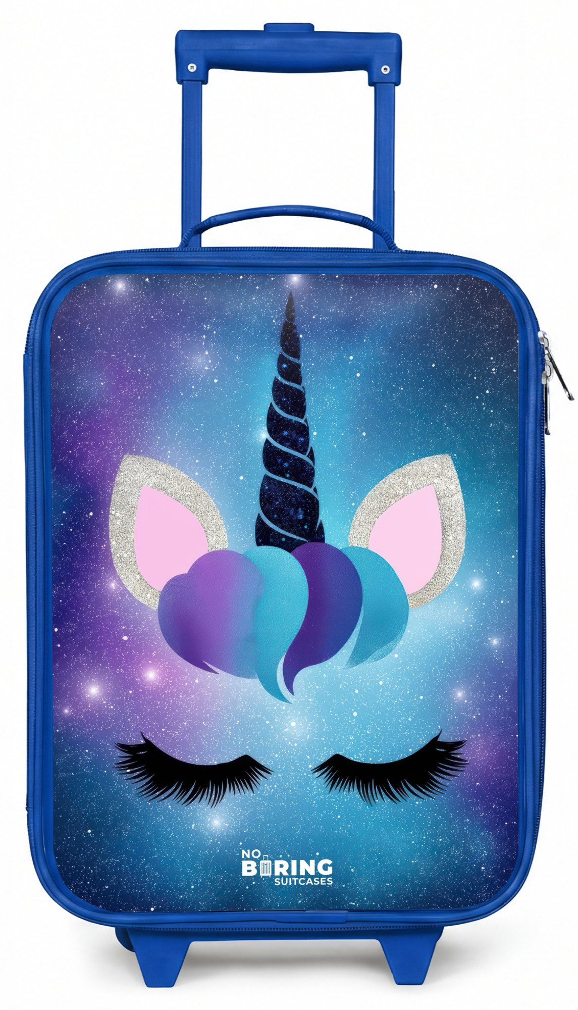 Kinderkoffer Blau - mit leuchtende Räder - Einhorn auf einem Sternenhimmel Hintergr