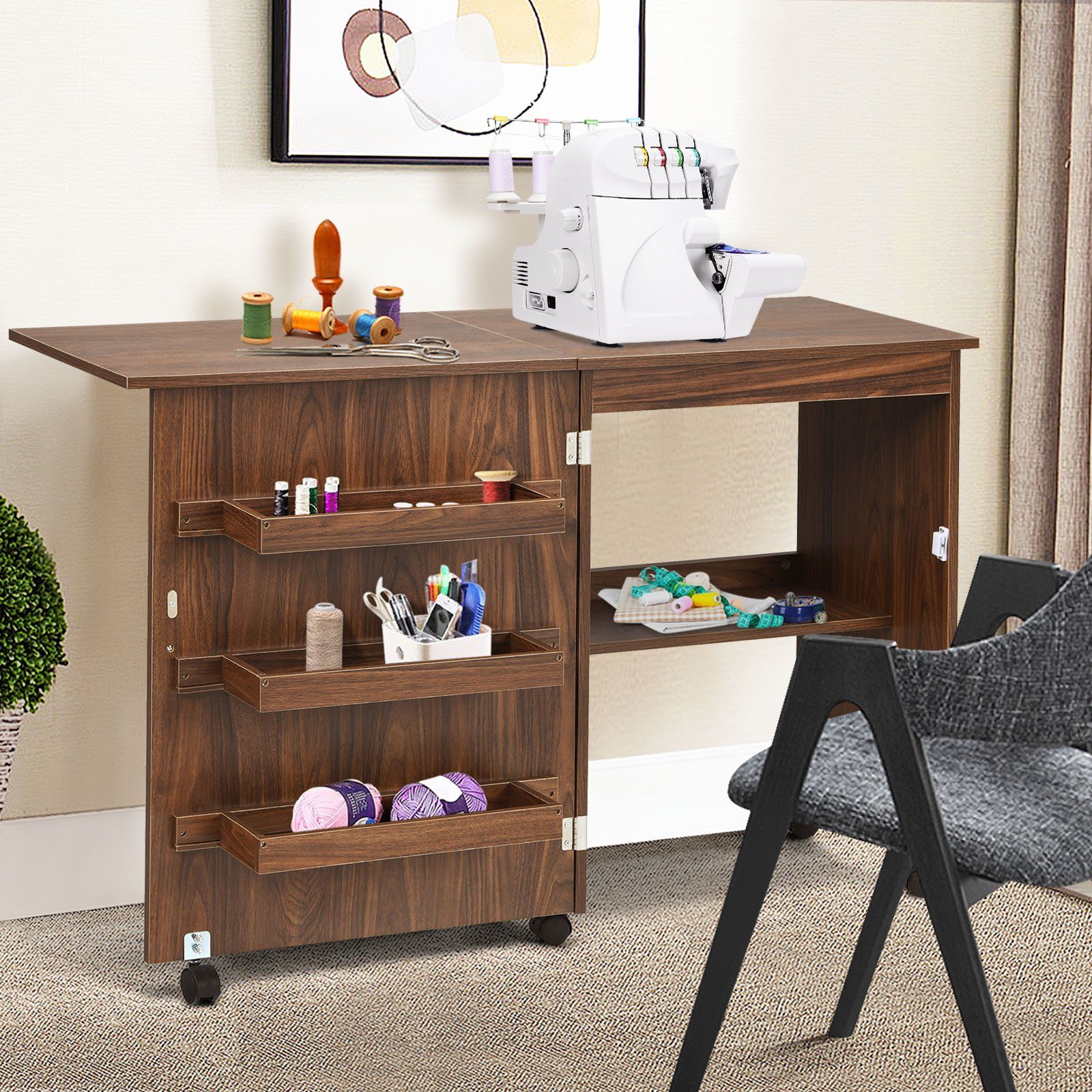 COSTWAY Regal-Schreibtisch, Nähschrank klappbar & rollbar, mit Stauraum, 118,5x40x79,5cm