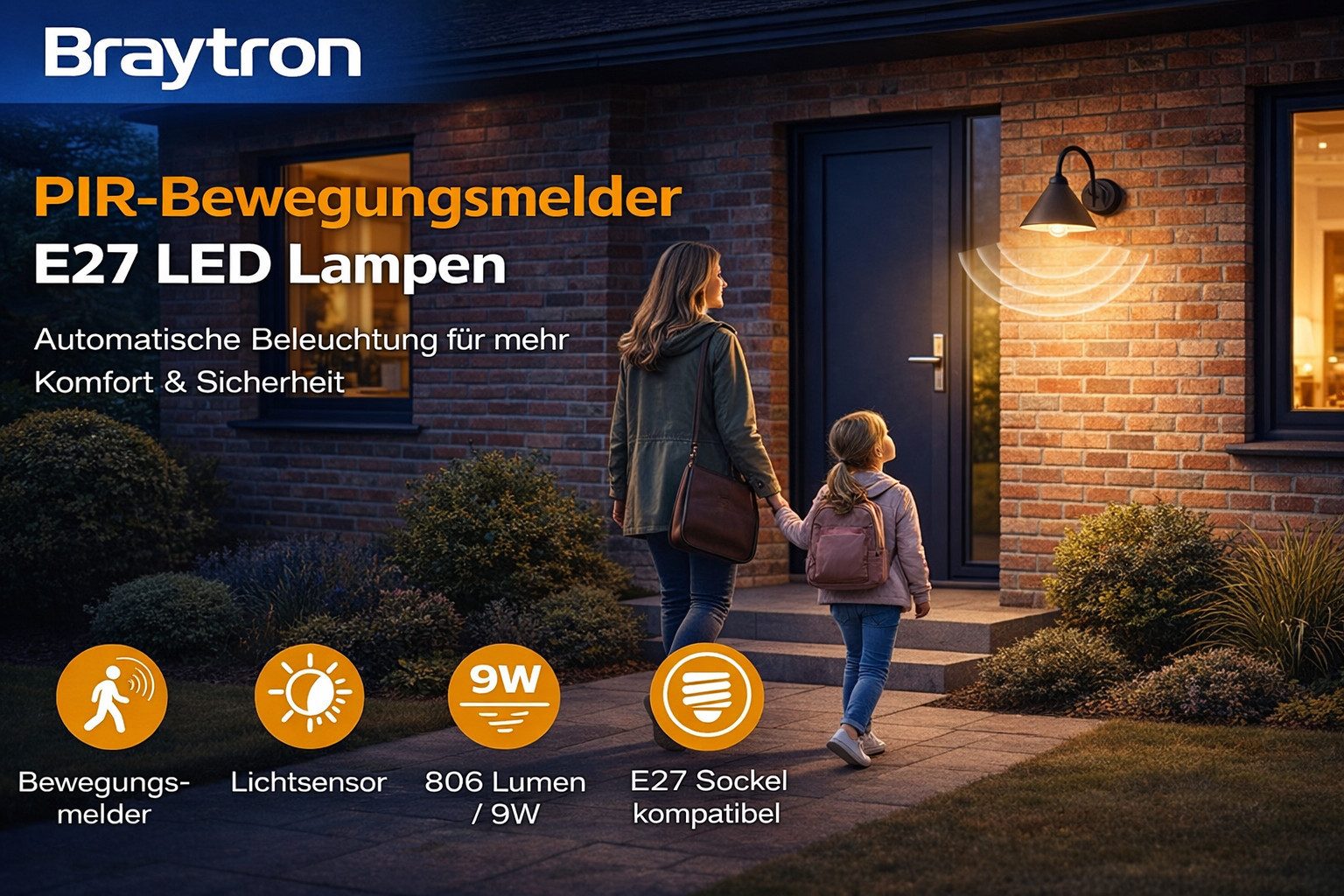 Braytron LED-Leuchtmittel E27 LED 9W Glühbirne Birne mit Bewegungssensor Bewegungsmelder PIR, E27, Warmweiß, Bewegungsmelder, Sensor, Langlebig – Bild 4 von 5