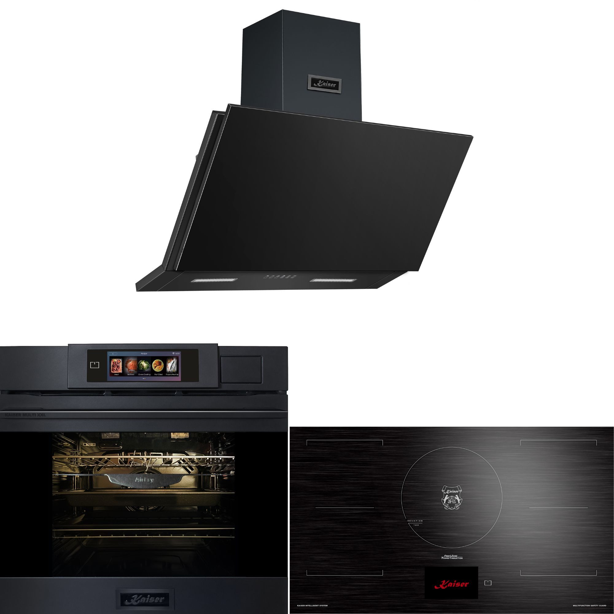 Kaiser Küchengeräte Backofen-Set Herd Set Autark Einbaubackofen XXL Multi 37,Multifunktions-Elektro-Dampfbackofen mit Dampfreinigung, 60 cm+Induktionskochfeld 90 cm TFT Display+Dunstabzugshaube 90cm 1250m³/h Schwarzes Metall EH 6341+KCT 9140 FI +AT 9455 NS, mit 1-fach-Teleskopauszug