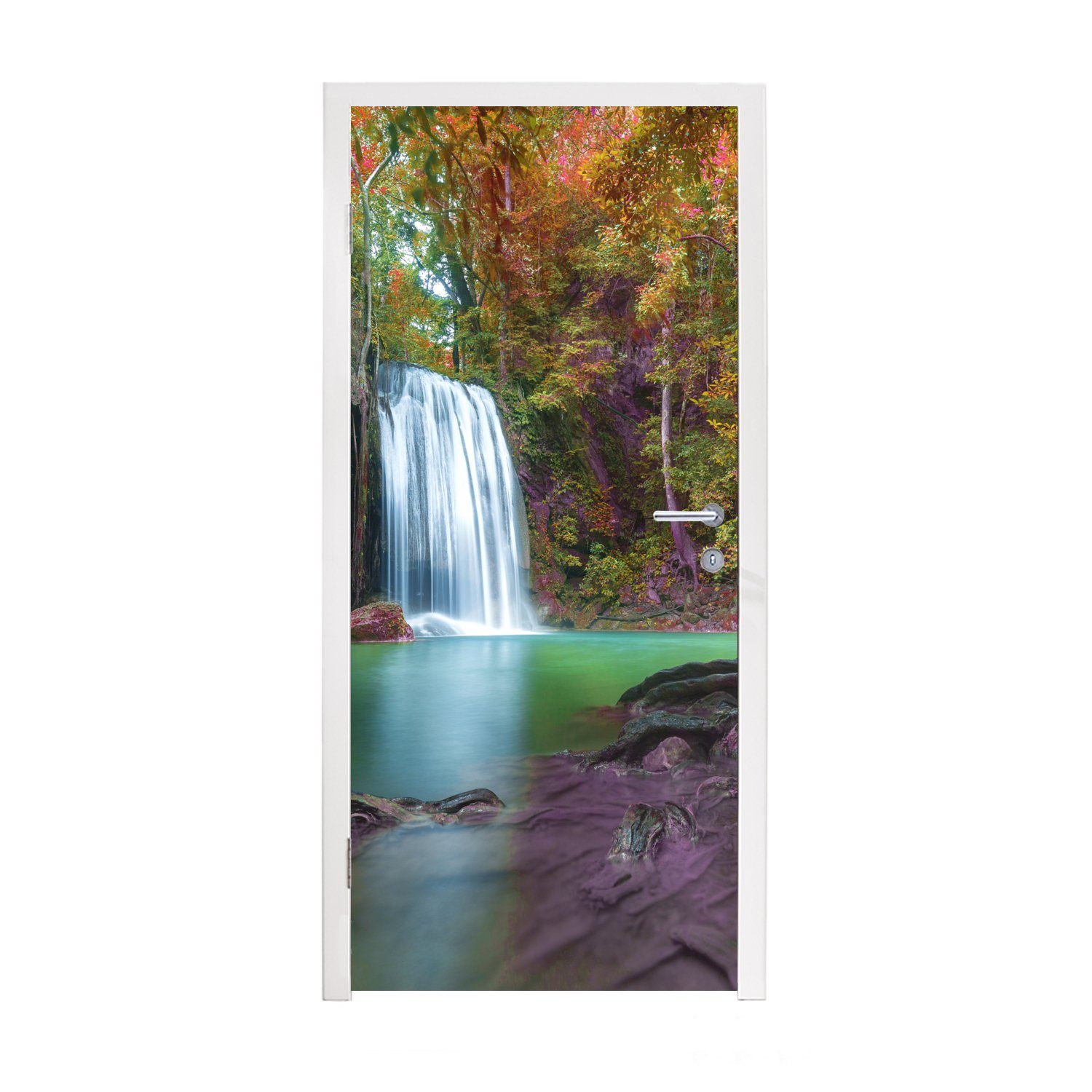 MuchoWow Türtapete Bunte Blätter an einem Wasserfall im Erawan-Nationalpark in Thailand, Matt, bedruckt, (1 St), Fototapete für Tür, Türaufkleber, 75x205 cm