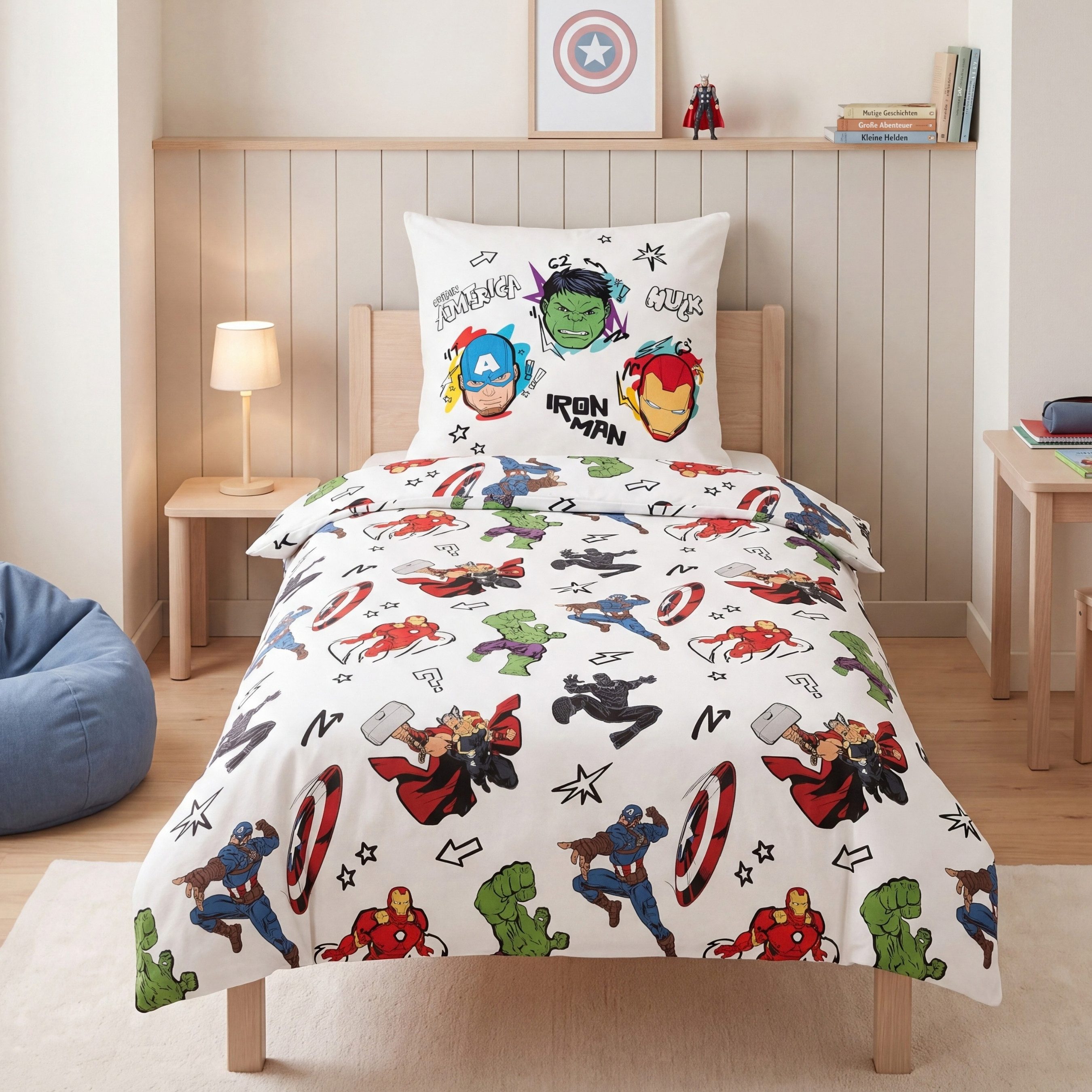 MTOnlinehandel Bettwäsche Avengers Team 135x200 cm Flanell/ Biber Marvel Superhelden, 100% Baumwolle, 2 teilig, Wendemotiv mit Iron Man, Hulk, Thor & Captain America