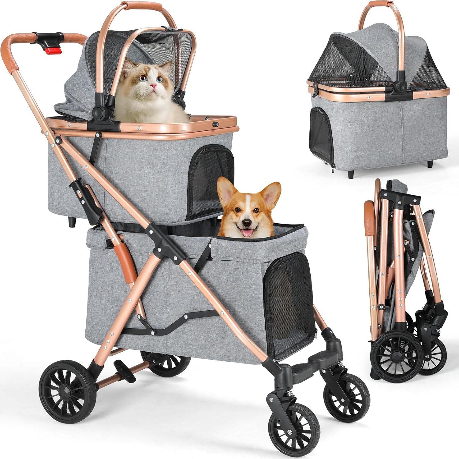 TLGREEN Hundebuggy Doppel Hundebuggy 2 Etagen, (Faltbarer Haustierbuggy für 2 Tiere bis 15kg), Katzenbuggy mit 2 Körben, 4 PU-Rädern, Fußbremse & Dämpfung