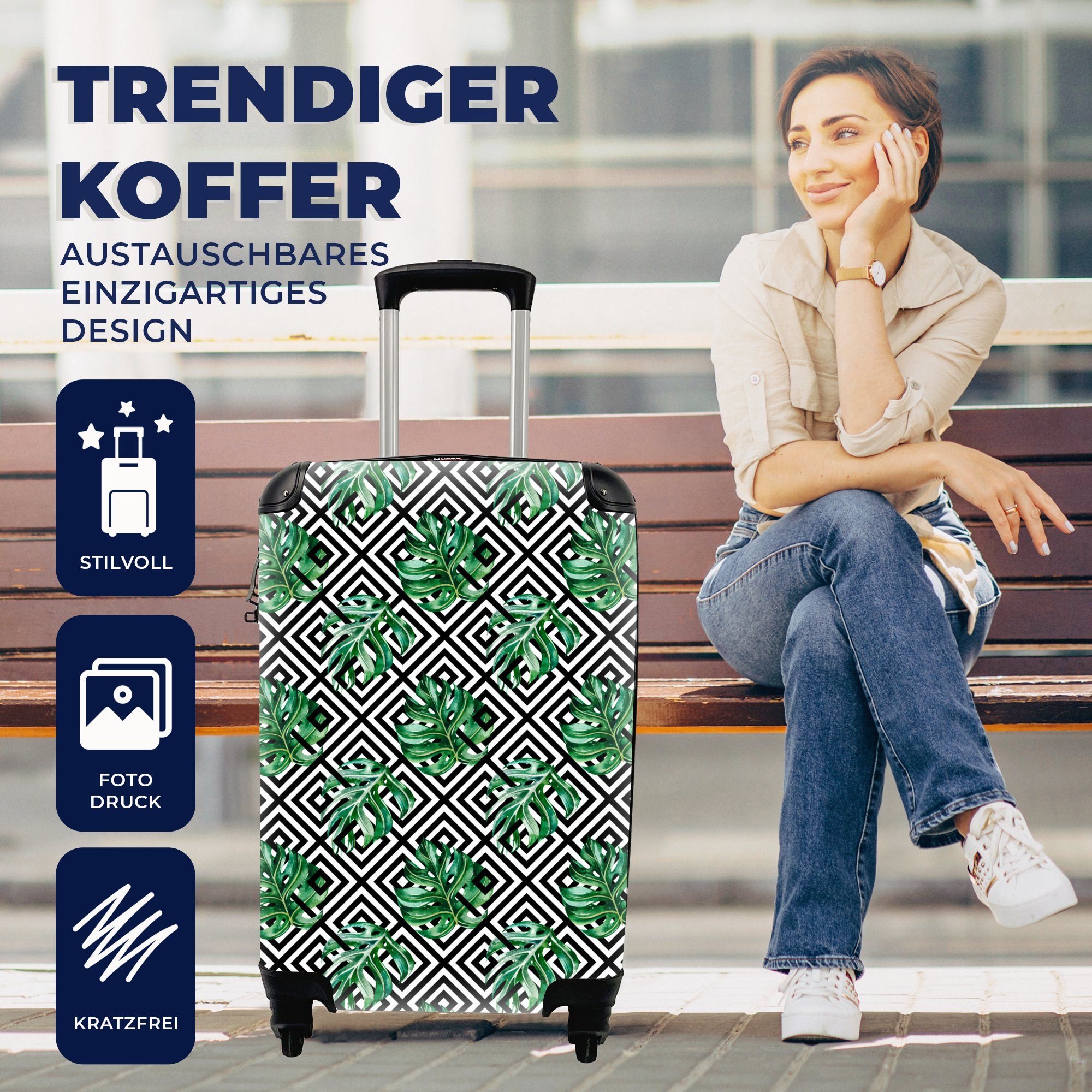 Monstera Trolley, Muster, Ferien, mit Reisetasche Handgepäck Reisekoffer Handgepäckkoffer 4 für - rollen, - Jahrgang Rollen, MuchoWow